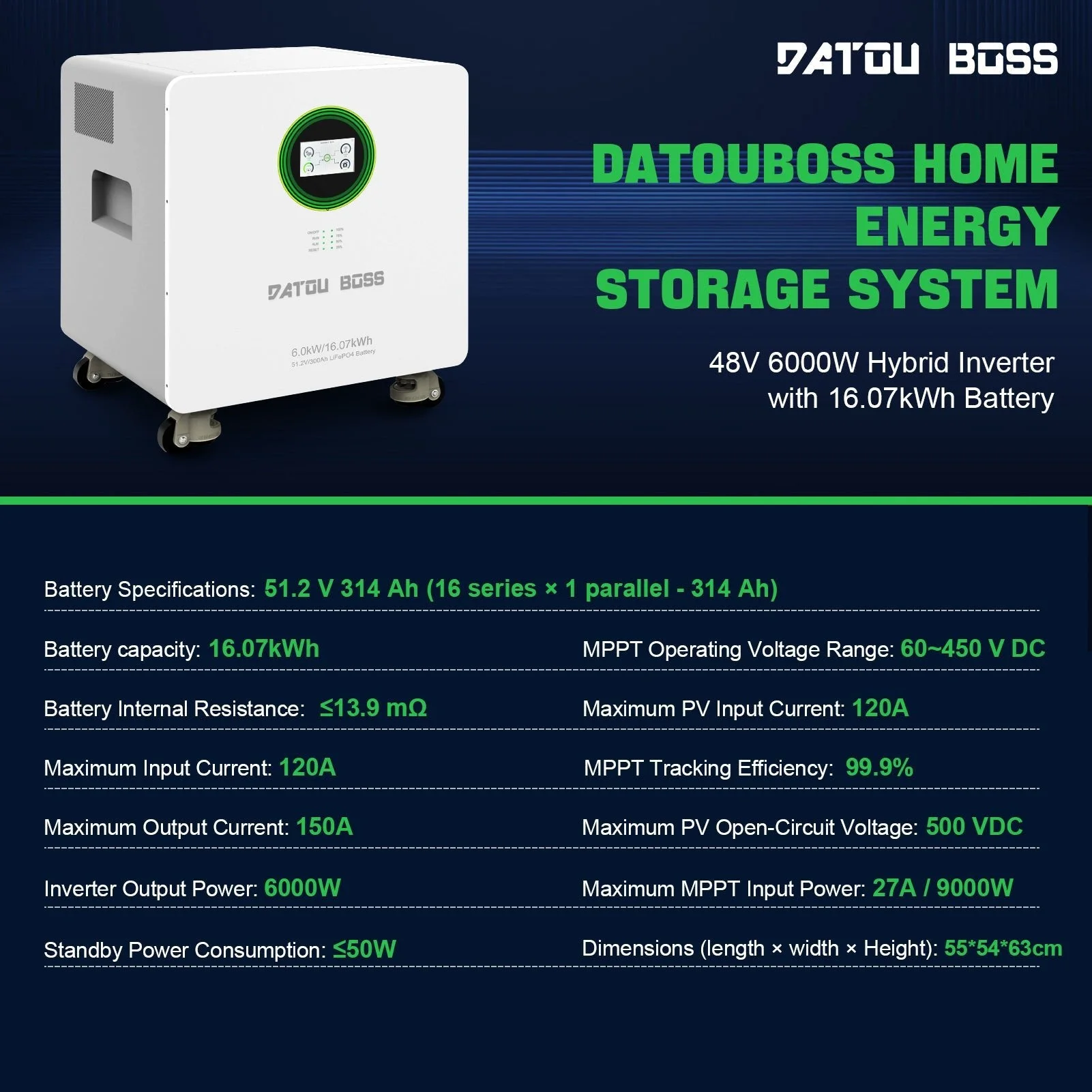 DATOUBOSS 48V 6000W Hybrid-Wechselrichter + 314Ah LiFePO4 tragbare Powerbank mit Touchscreen und Rädern — фото 2