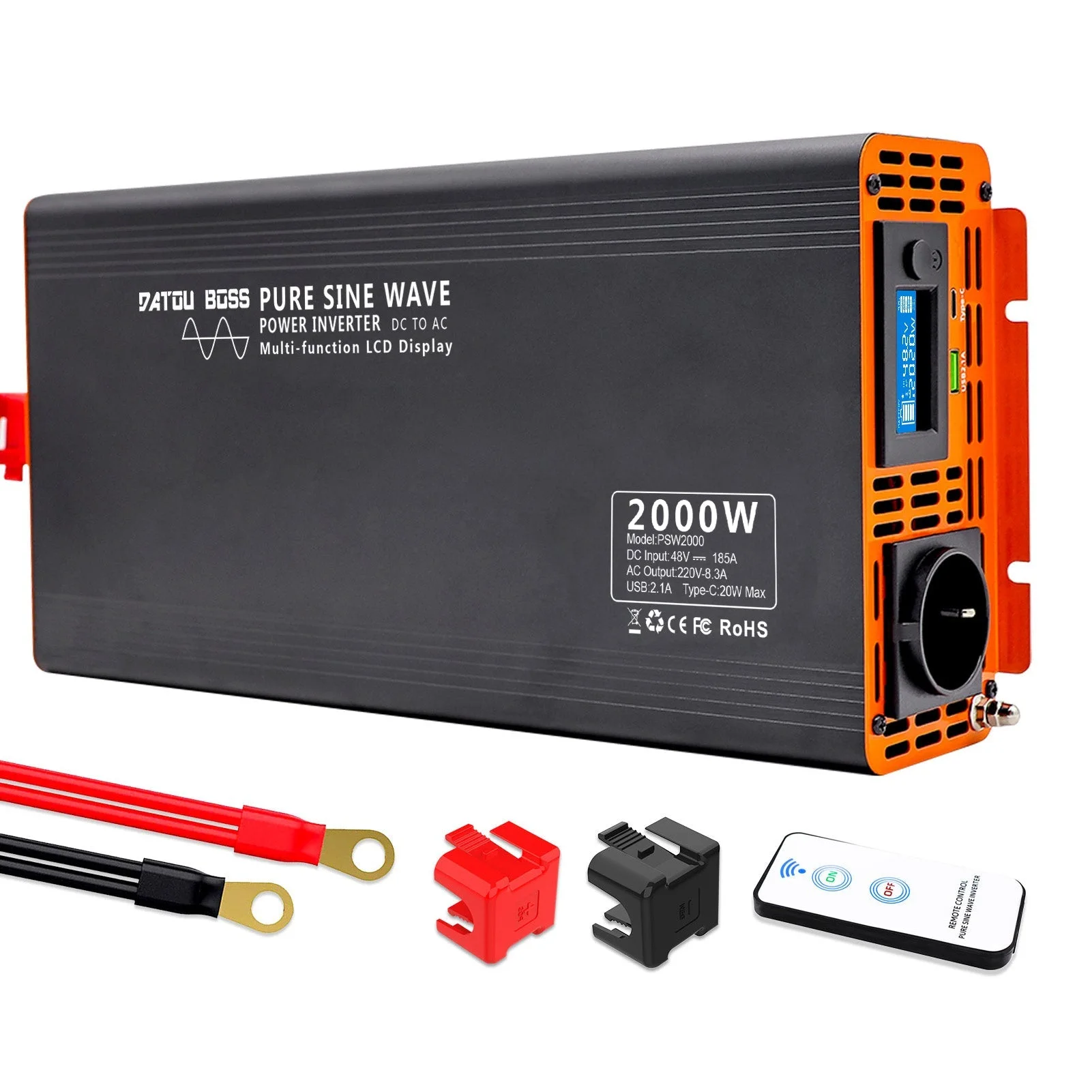 DATOUBOSS 2000 W reiner Sinus-Wechselrichter, 48 V auf 230 V AC-Stromrichter, 4000 W Spitzenleistung mit 1 EU-Stecker-LCD-Bildschirm, 1 Typ-C-Anschluss und 1 USB-Anschluss für Haushaltsgeräte, Wohnmobil, LKW