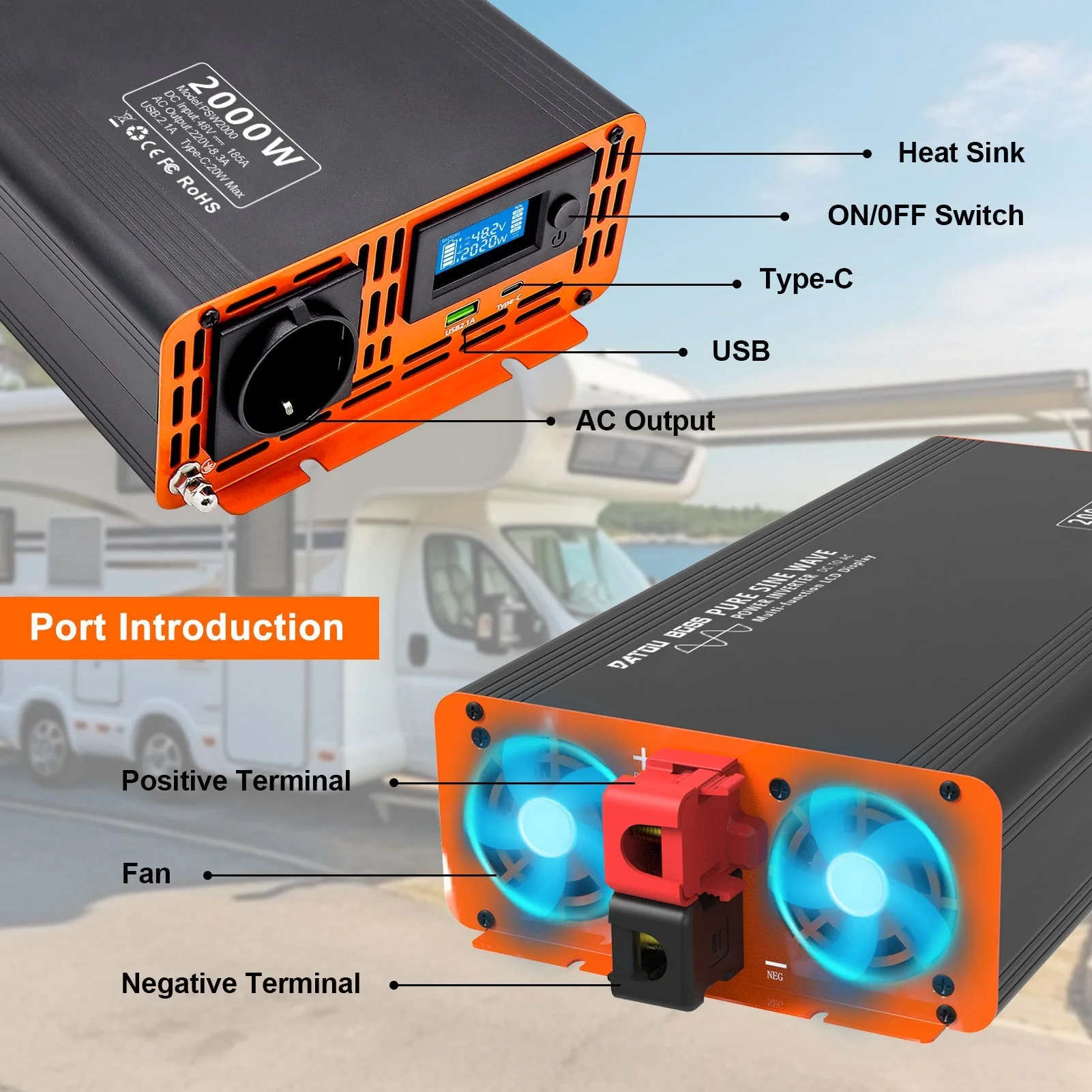 DATOUBOSS 2000 W reiner Sinus-Wechselrichter, 48 V auf 230 V AC-Stromrichter, 4000 W Spitzenleistung mit 1 EU-Stecker-LCD-Bildschirm, 1 Typ-C-Anschluss und 1 USB-Anschluss für Haushaltsgeräte, Wohnmobil, LKW — фото 2