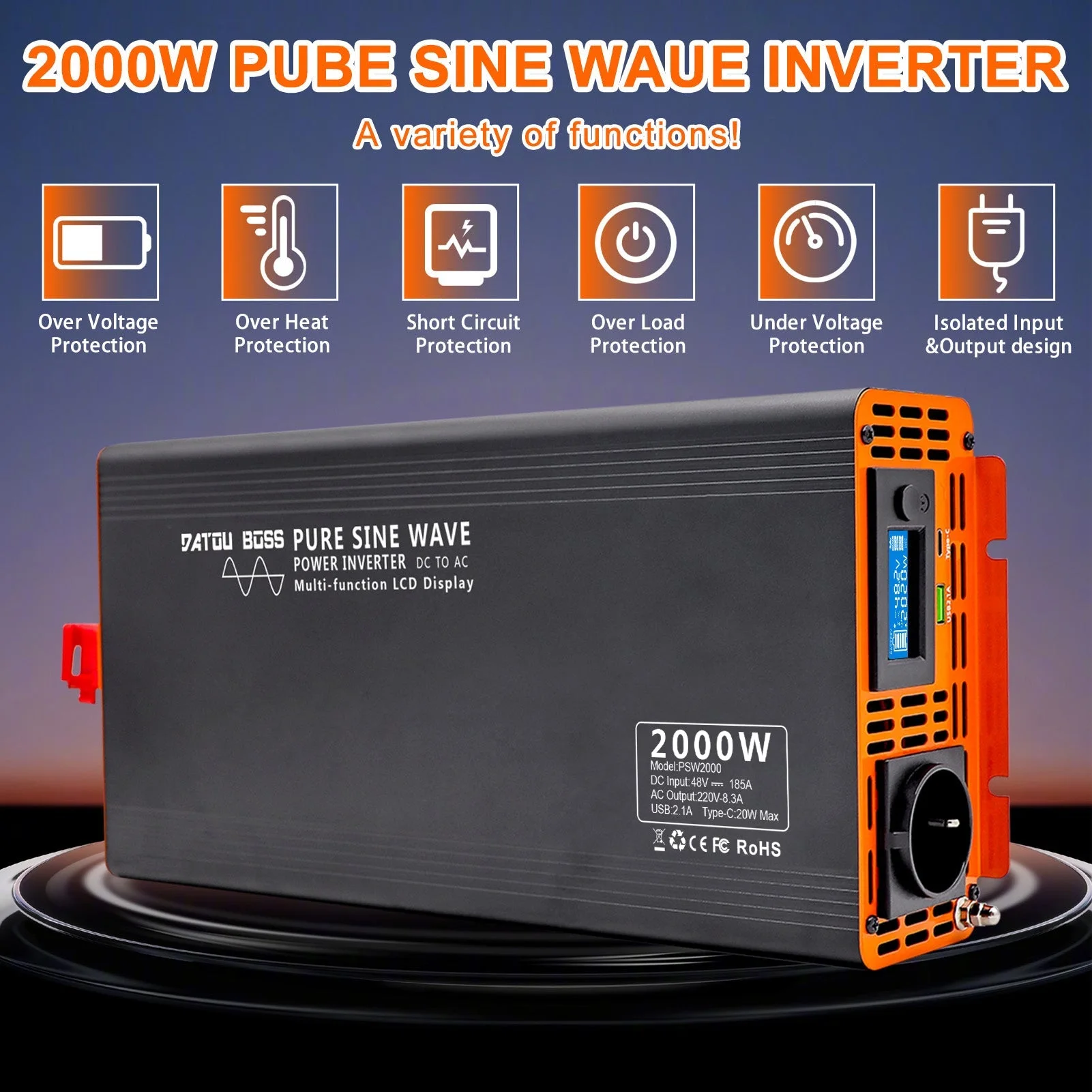 DATOUBOSS 2000 W reiner Sinus-Wechselrichter, 48 V auf 230 V AC-Stromrichter, 4000 W Spitzenleistung mit 1 EU-Stecker-LCD-Bildschirm, 1 Typ-C-Anschluss und 1 USB-Anschluss für Haushaltsgeräte, Wohnmobil, LKW — фото 5