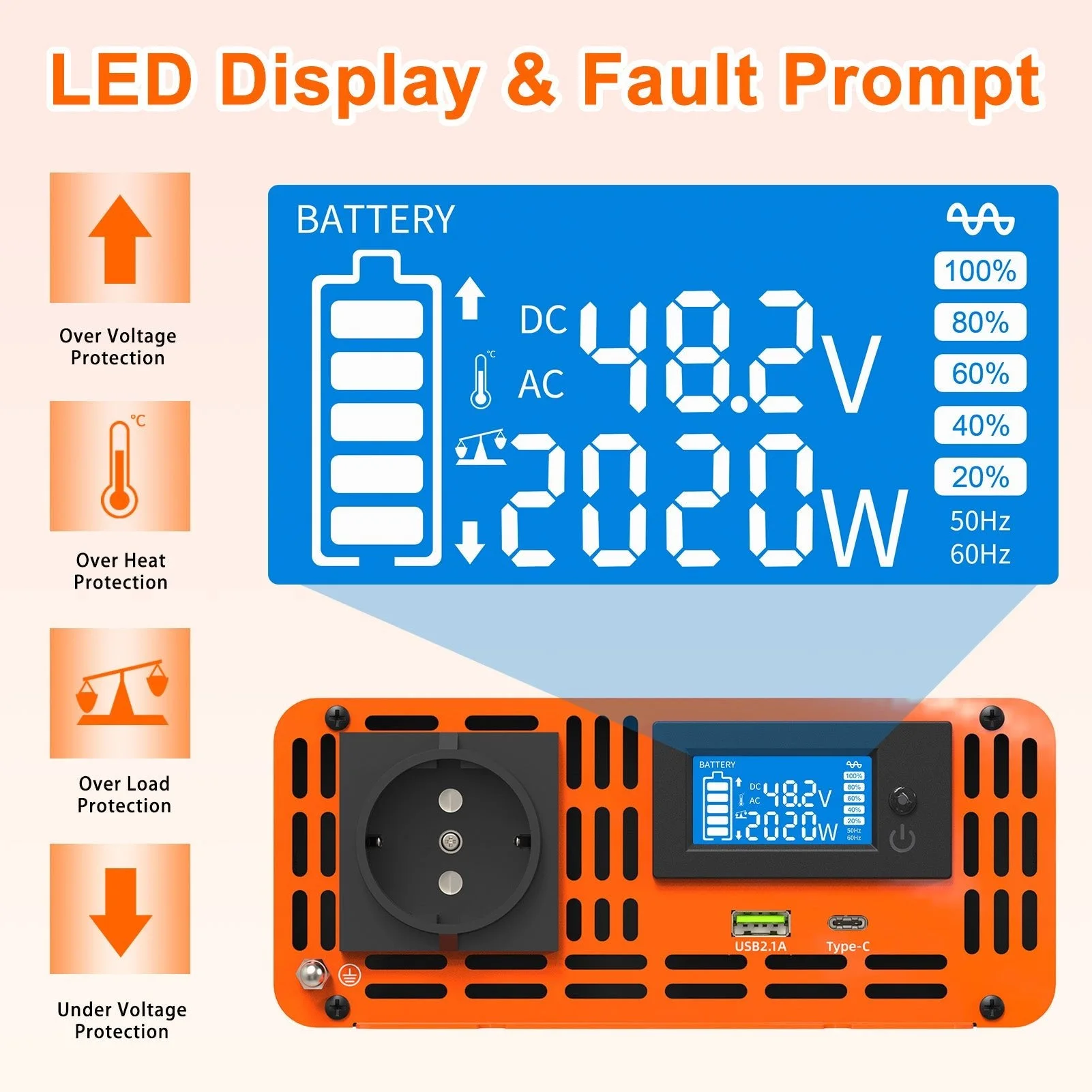 DATOUBOSS 2000 W reiner Sinus-Wechselrichter, 48 V auf 230 V AC-Stromrichter, 4000 W Spitzenleistung mit 1 EU-Stecker-LCD-Bildschirm, 1 Typ-C-Anschluss und 1 USB-Anschluss für Haushaltsgeräte, Wohnmobil, LKW — фото 6