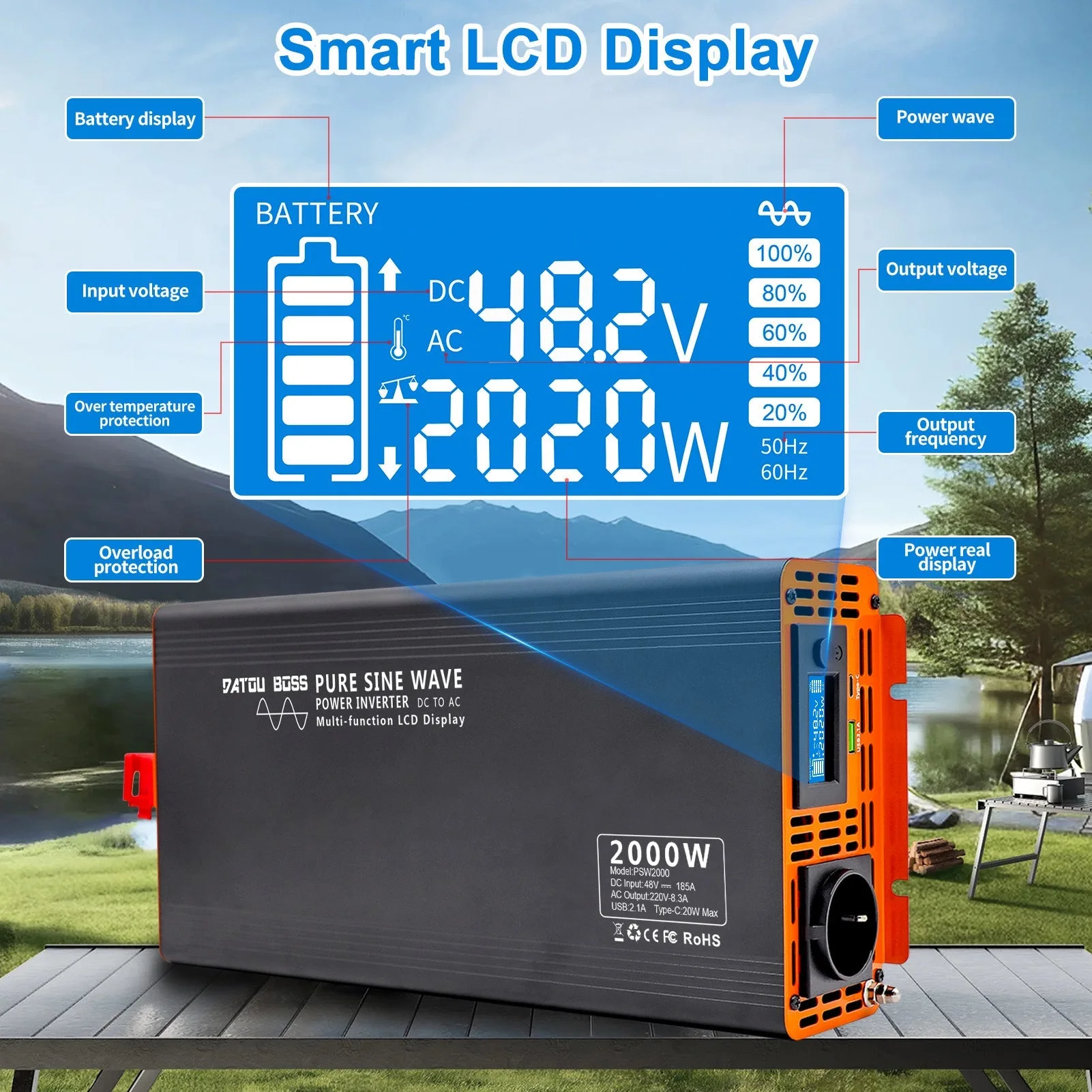 DATOUBOSS 2000 W reiner Sinus-Wechselrichter, 48 V auf 230 V AC-Stromrichter, 4000 W Spitzenleistung mit 1 EU-Stecker-LCD-Bildschirm, 1 Typ-C-Anschluss und 1 USB-Anschluss für Haushaltsgeräte, Wohnmobil, LKW — фото 7