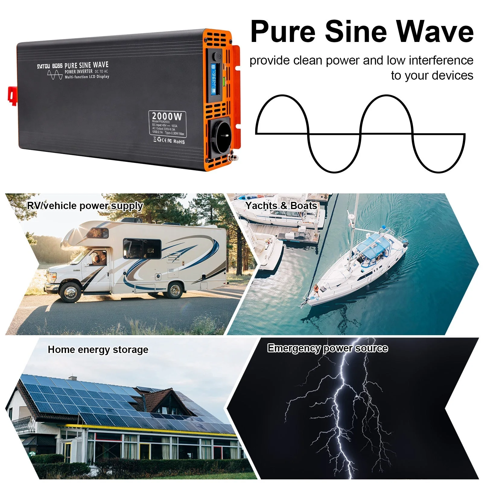 DATOUBOSS 2000 W reiner Sinus-Wechselrichter, 48 V auf 230 V AC-Stromrichter, 4000 W Spitzenleistung mit 1 EU-Stecker-LCD-Bildschirm, 1 Typ-C-Anschluss und 1 USB-Anschluss für Haushaltsgeräte, Wohnmobil, LKW — фото 8
