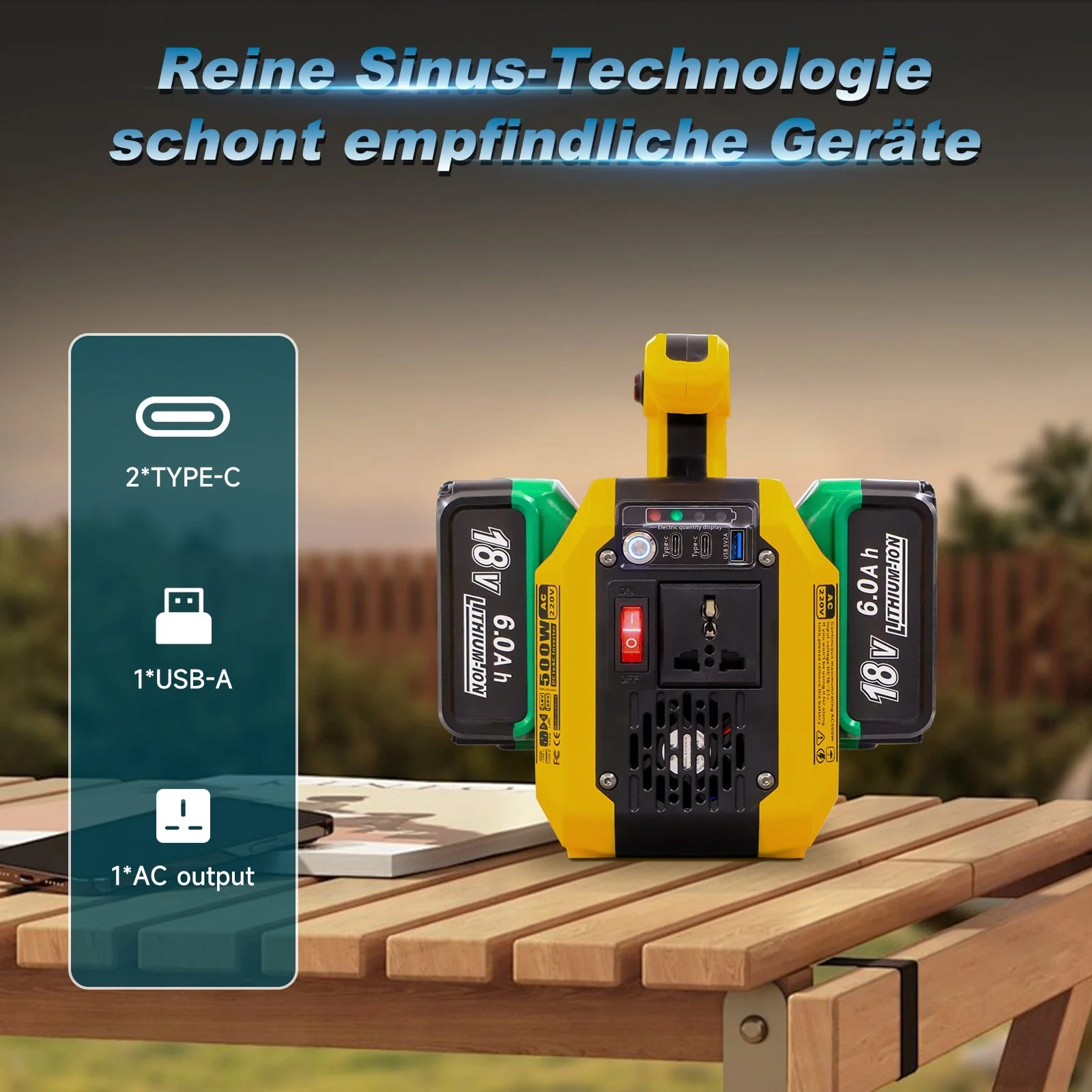 DATOUBOSS 500 Вт портативна зарядна станція з двома слотами під акумулятори DeWalt і Milwaukee, 2×USB-C 18 Вт, розетка 230 В, прожектор 500 лм — фото 5