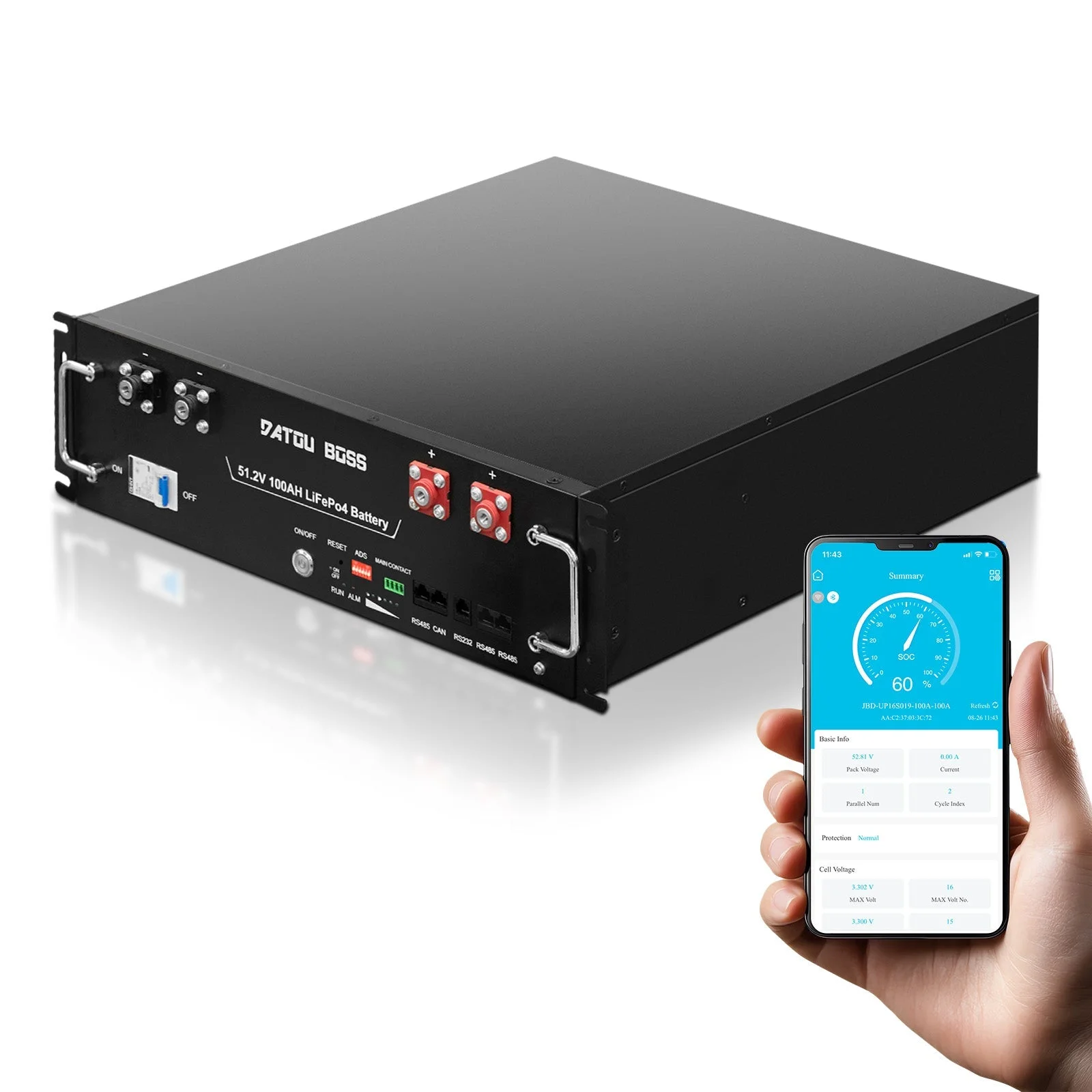 DATOUBOSS 51.2V 100Ah Rack Mount LiFePO4 Battery 5.12kWh GradeA+cells Built-in BMS CAN/RS485 Communication with APP Bluetoooth for DIY Automotive Solar Home System