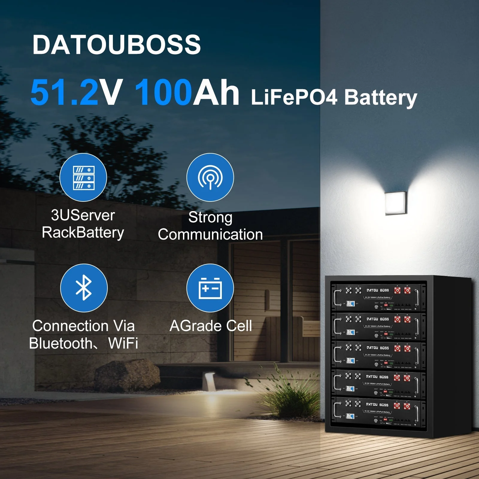 DATOUBOSS 51,2 В 100 Ач для монтажа в стойку LiFePO4 батарея 5,12 кВтч GradeA+элементы Встроенный BMS CAN/RS485 Связь с APP Bluetoooth для DIY Автомобильная солнечная домашняя система — фото 3