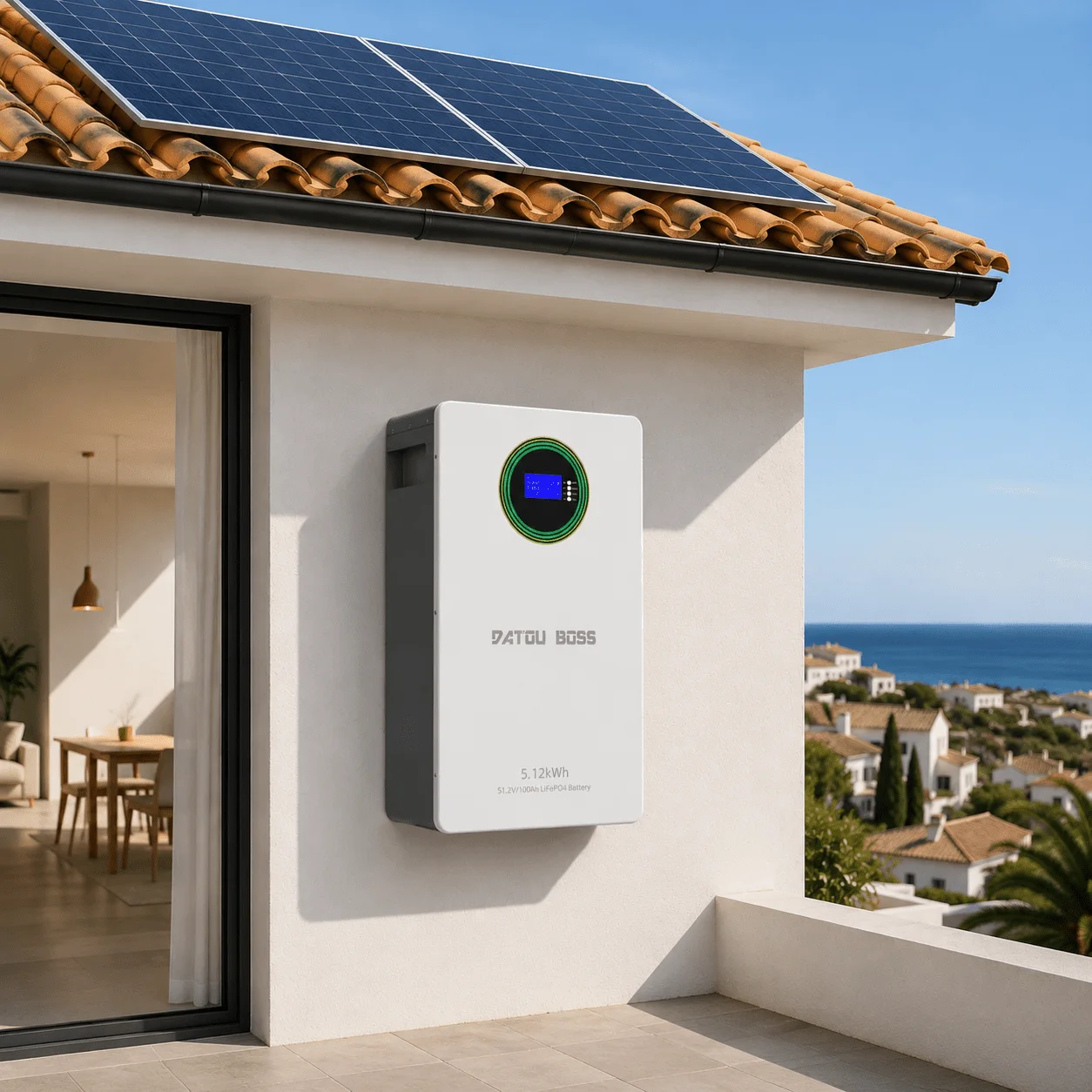 DATOUBOSS 51.2V 100Ah LiFePO4 Wall Mounted Battery 5.12kWh Deep Cycle Lithium Battery with BMS 100A Solar Storage System for Home RV Standalone & Backup Power
