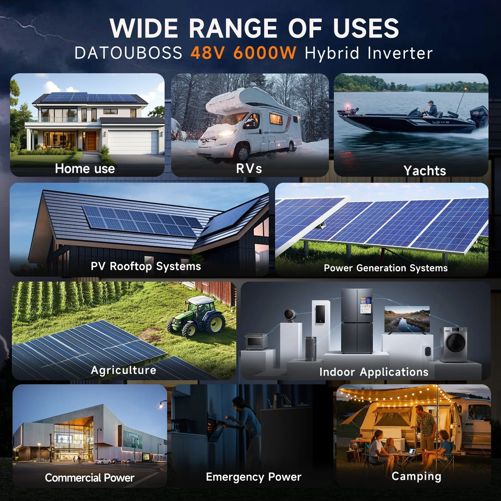DATOUBOSS 6000W 48V DC to 230V AC Hybrid Solar Inverter 120A MPPT 8500W PV Input Battery Free Operation IP54 Protection BMS for Home Solar & Standalone Power System — фото 2