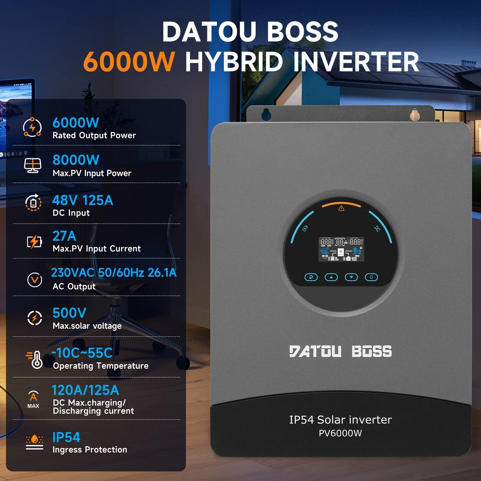 DATOUBOSS 6000W 48V DC to 230V AC Hybrid Solar Inverter 120A MPPT 8500W PV Input Battery Free Operation IP54 Protection BMS for Home Solar & Standalone Power System — фото 3