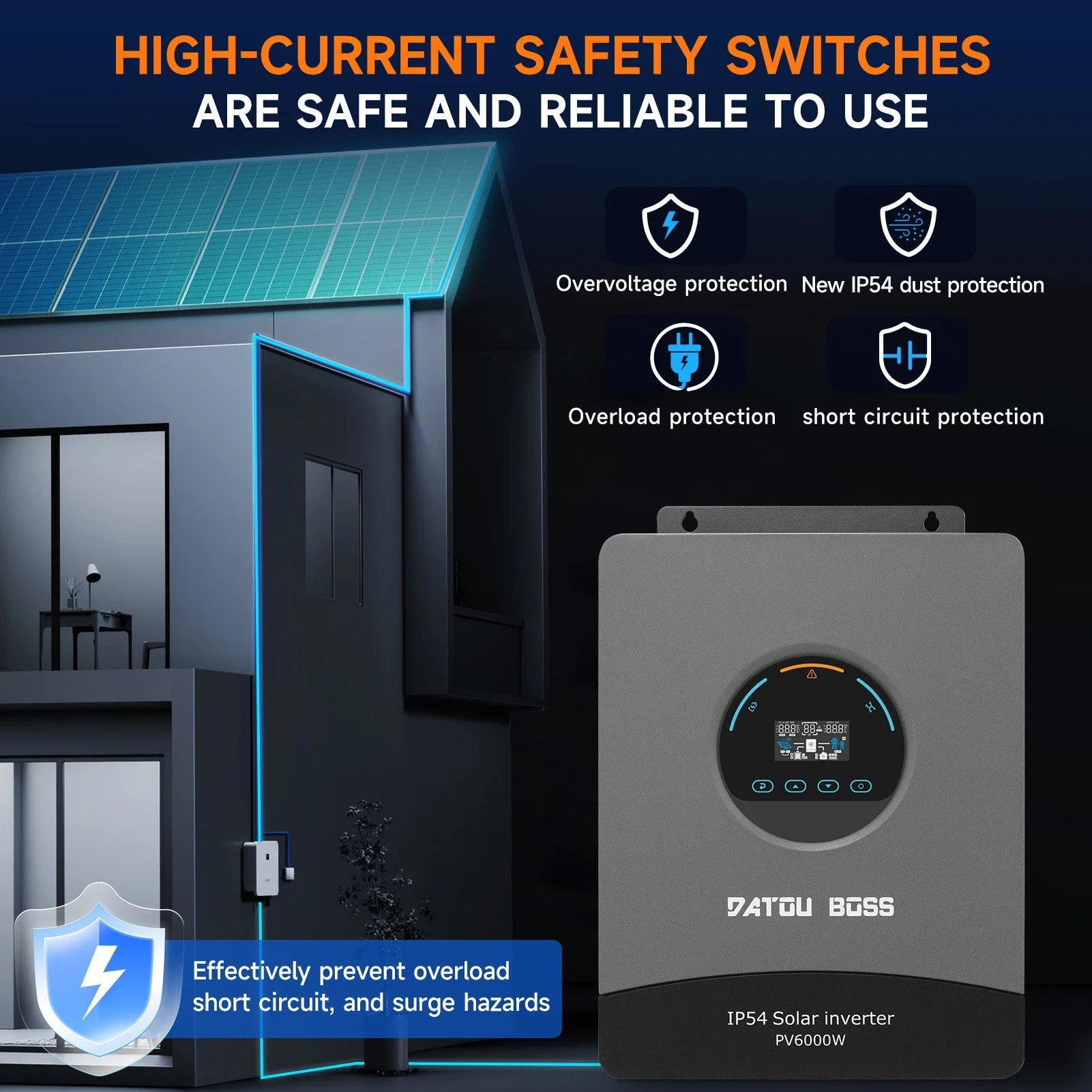 DATOUBOSS 6000W 48V DC to 230V AC Hybrid Solar Inverter 120A MPPT 8500W PV Input Battery Free Operation IP54 Protection BMS for Home Solar & Standalone Power System — фото 7