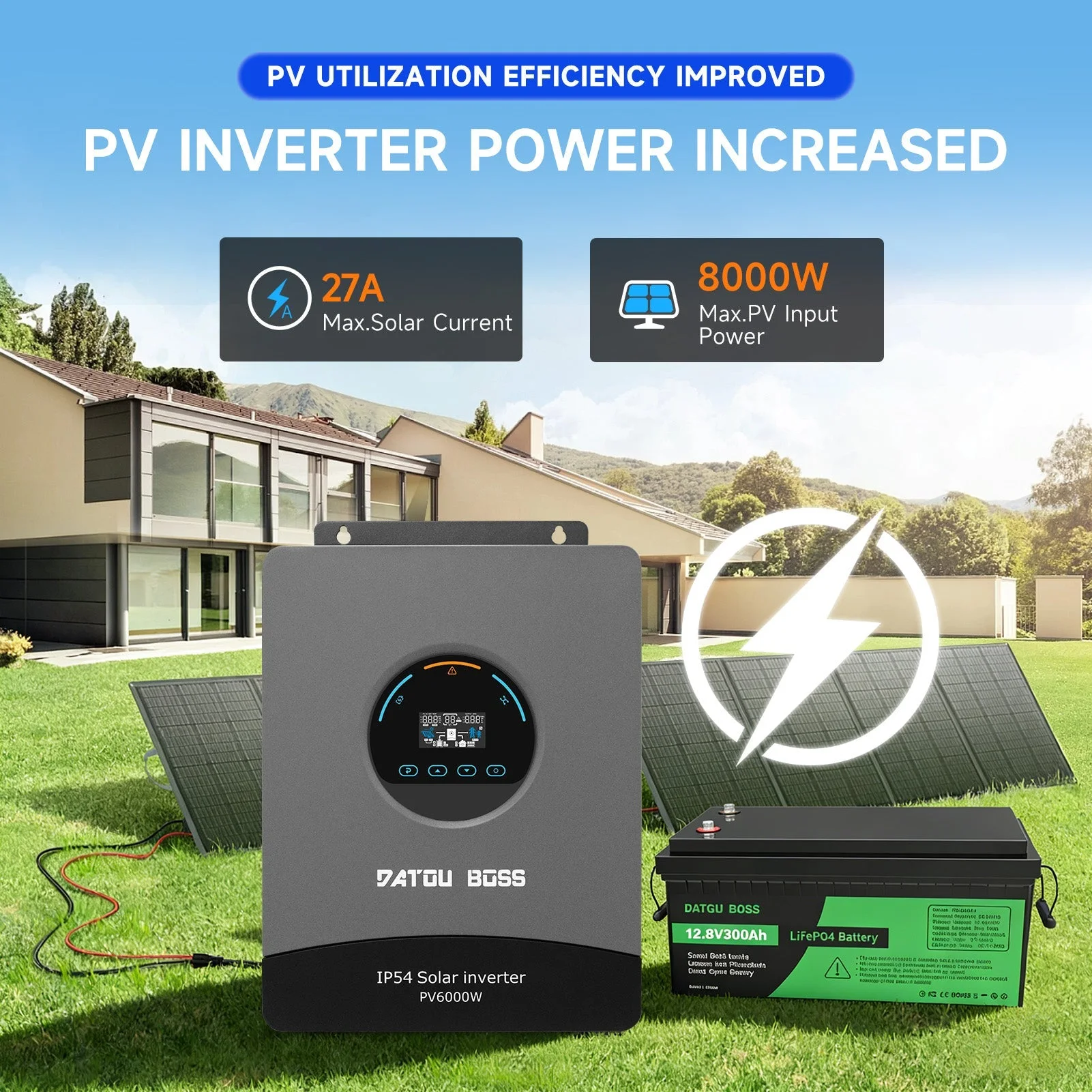 DATOUBOSS 6000W 48V DC to 230V AC Hybrid Solar Inverter 120A MPPT 8500W PV Input Battery Free Operation IP54 Protection BMS for Home Solar & Standalone Power System — фото 9