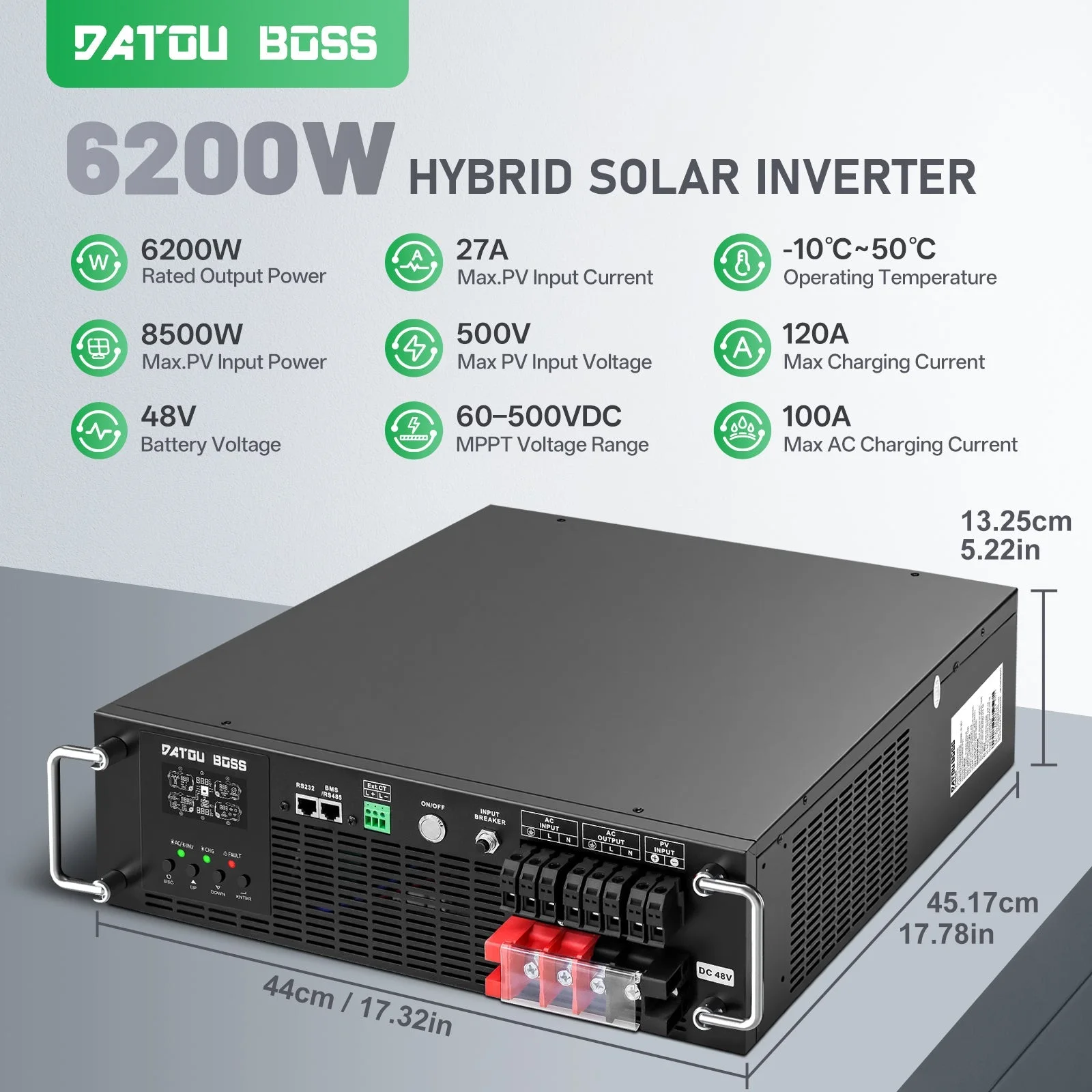 Гибридный солнечный инвертор DATOUBOSS 6200 Вт, 48 В на 230 В, MPPT 120 А, PV 8500 Вт, монтаж в стойку 3U, встроенная функция ИБП, работа без батареи — фото 5
