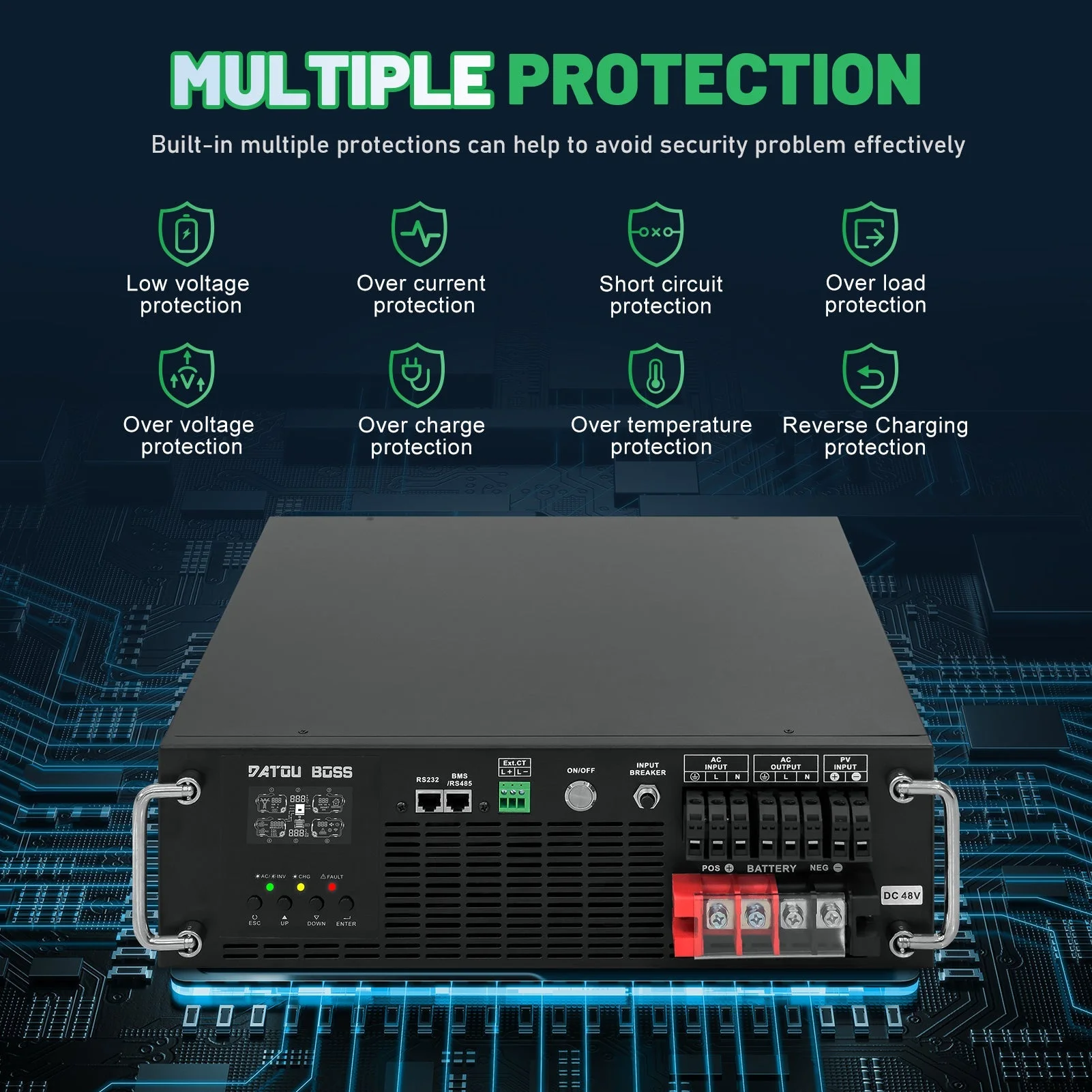 Гибридный солнечный инвертор DATOUBOSS 6200 Вт, 48 В на 230 В, MPPT 120 А, PV 8500 Вт, монтаж в стойку 3U, встроенная функция ИБП, работа без батареи — фото 7