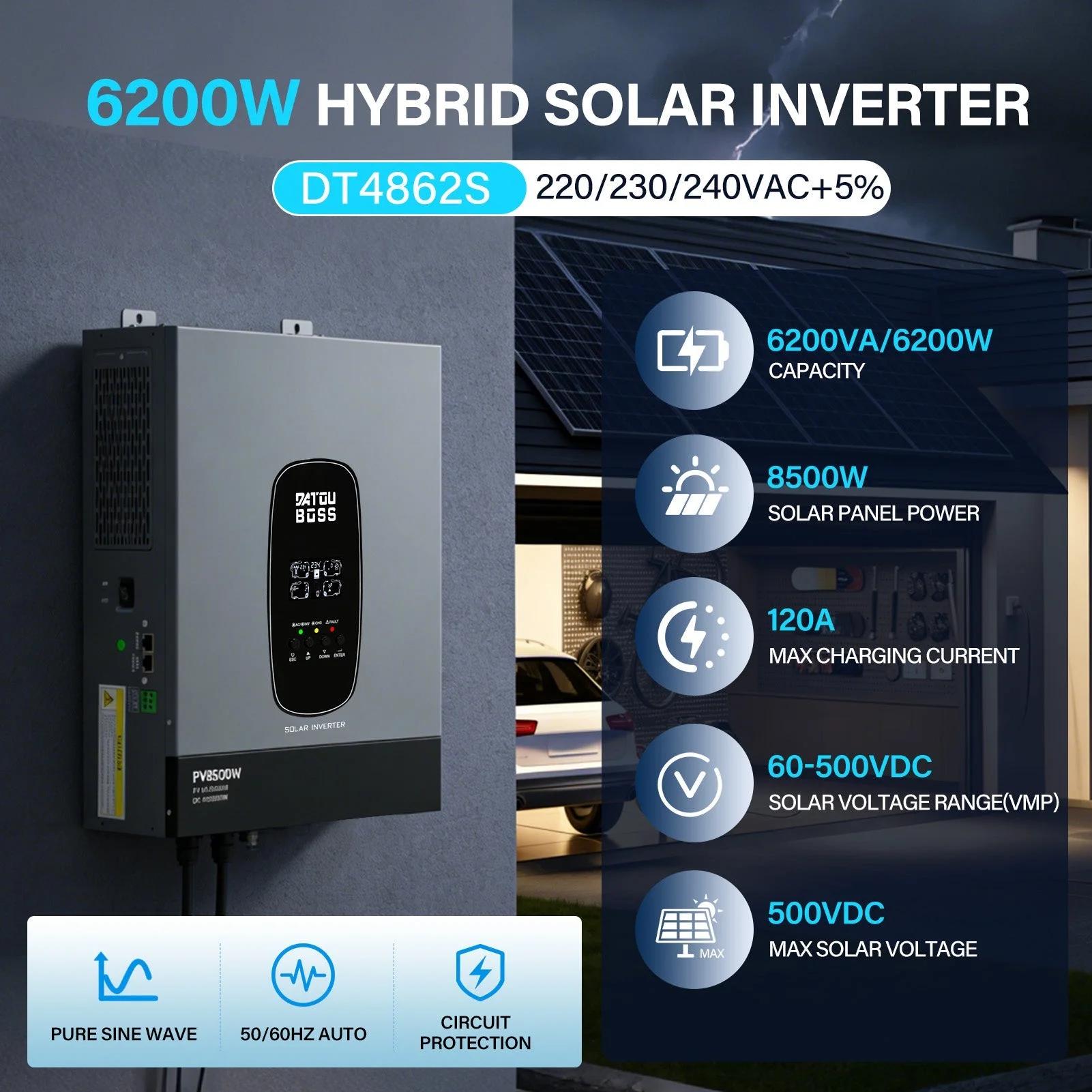 DATOUBOSS Solar-Hybrid-Wechselrichter, 6200 W, 48 V auf 230 V, MPPT, 120 A PV, 8500 W, batterielose Netzeinspeisung (kompatibel mit WiFi 04) — фото 2