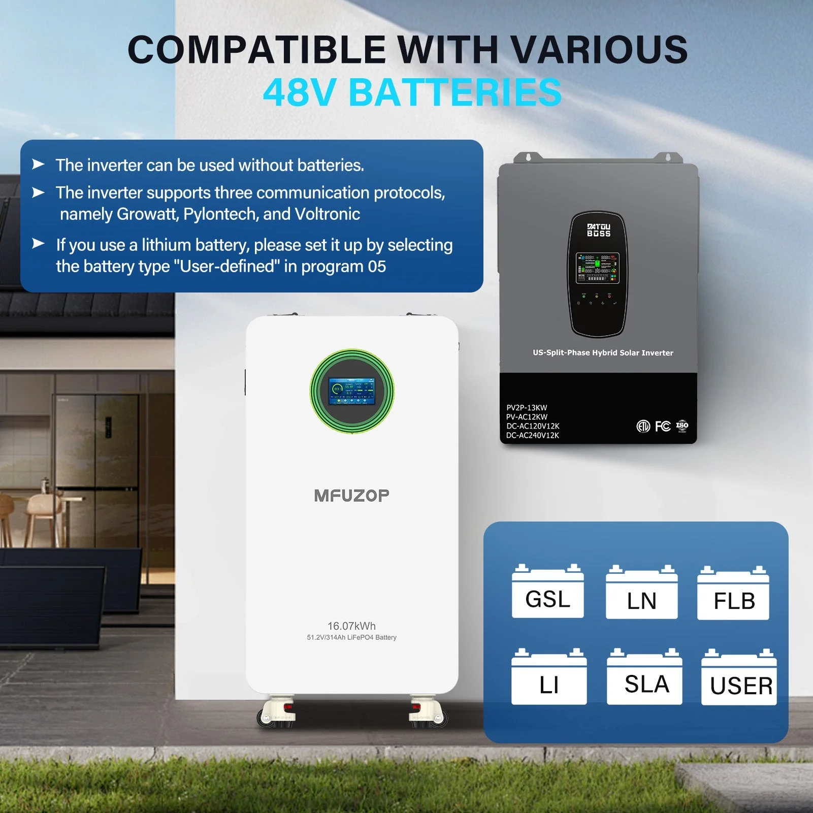 DATOUBOSS Solar-Hybrid-Wechselrichter, 6200 W, 48 V auf 230 V, MPPT, 120 A PV, 8500 W, batterielose Netzeinspeisung (kompatibel mit WiFi 04) — фото 5