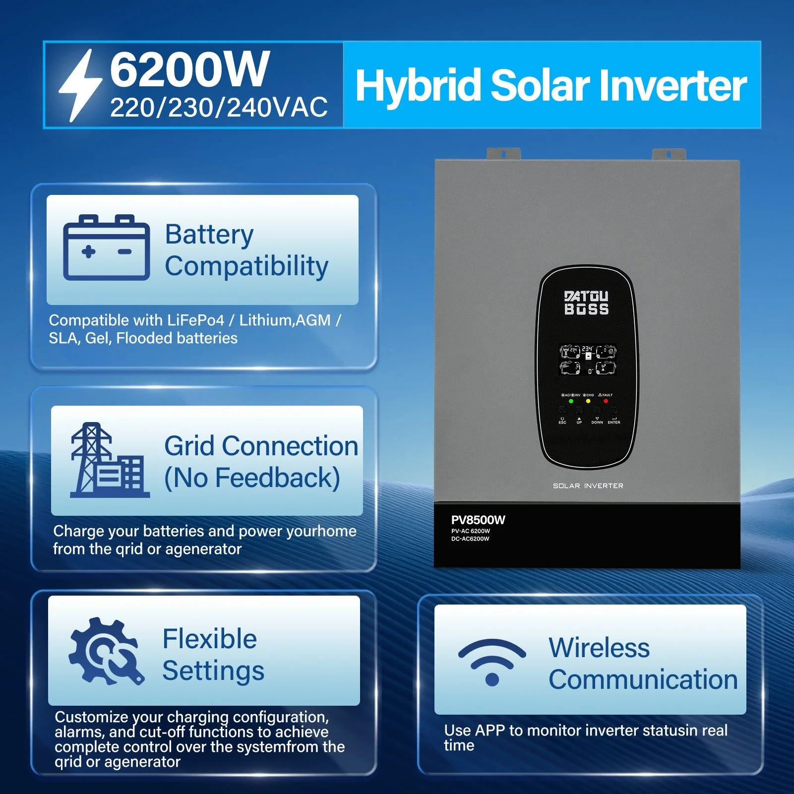 DATOUBOSS Solar-Hybrid-Wechselrichter, 6200 W, 48 V auf 230 V, MPPT, 120 A PV, 8500 W, batterielose Netzeinspeisung (kompatibel mit WiFi 04) — фото 8
