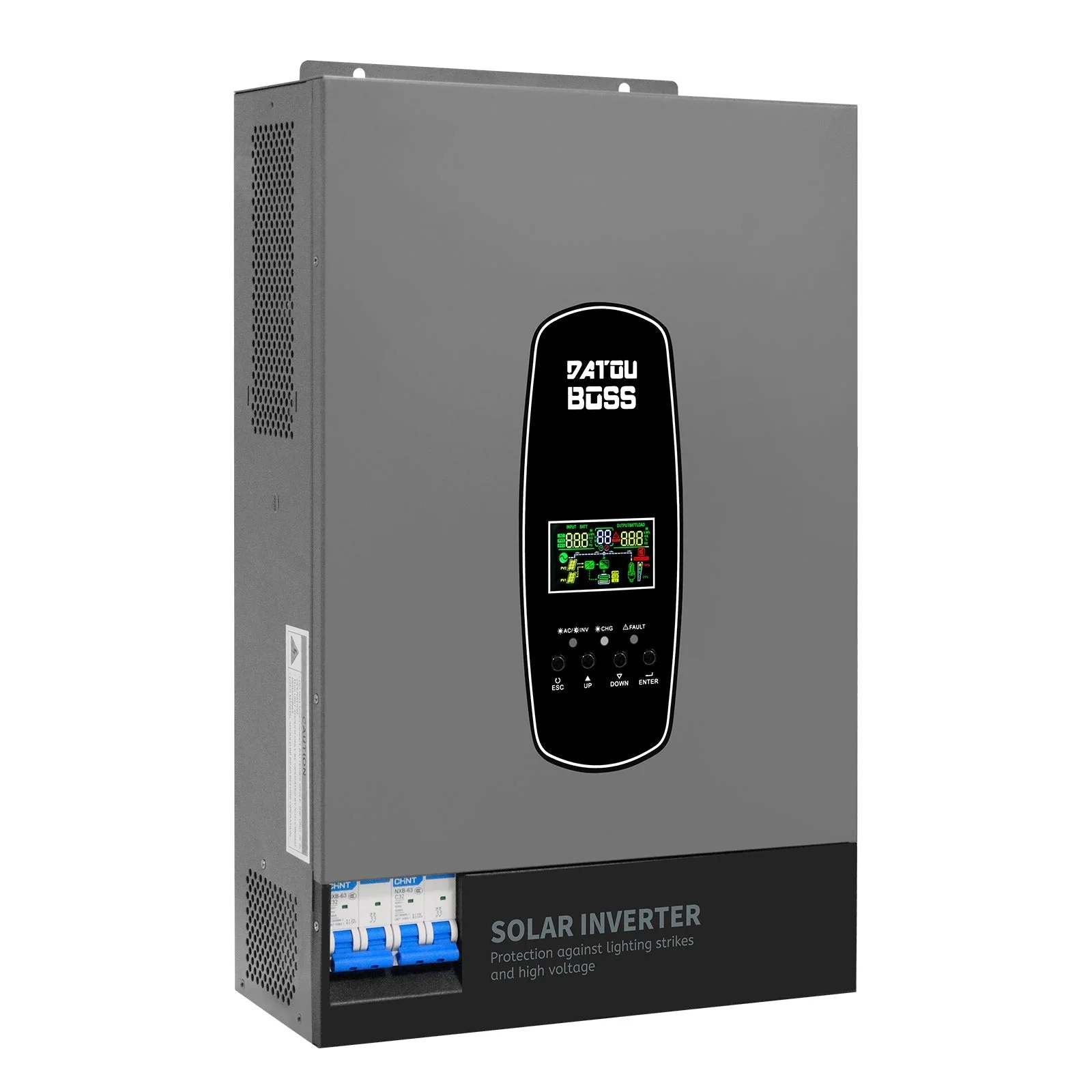 DATOUBOSS Solar-Hybrid-Wechselrichter, 6200 W, 48 V DC auf 230 V AC, 120 A MPPT, 8500 W PV-Eingang, BMS-Schutz, batteriefreier Betrieb, 27 A PV-Eingang, Blitzschutz (kompatibel mit WiFi 04)