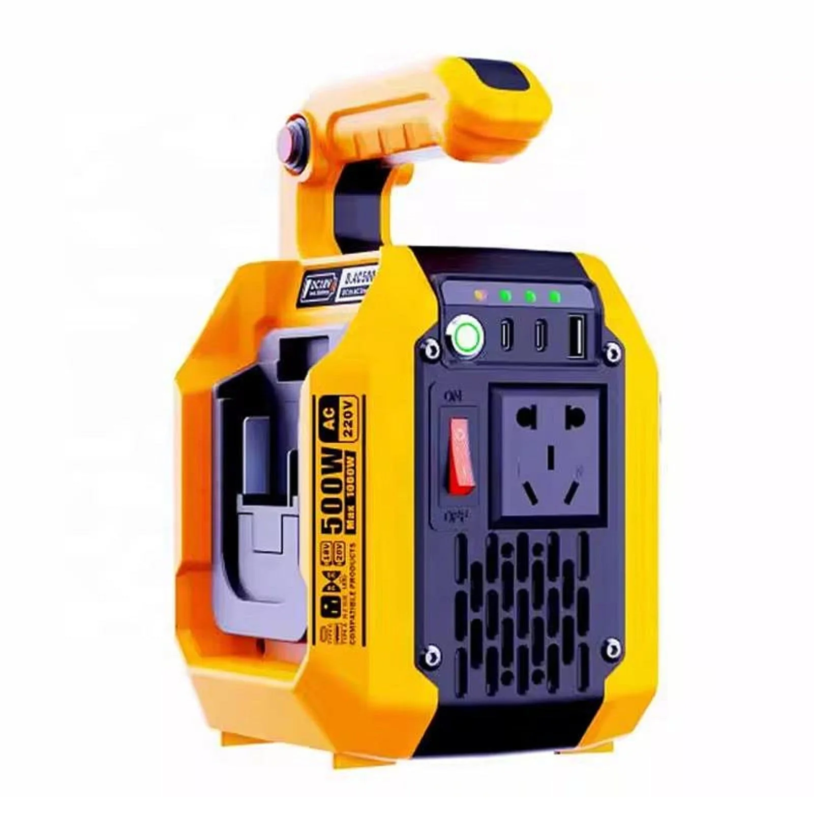 DATOUBOSS 500 W inverter with two slots for Makita 18 V batteries, 2×Type-C 18 W, USB and 220 V socket, spotlight 500 lm — фото 1