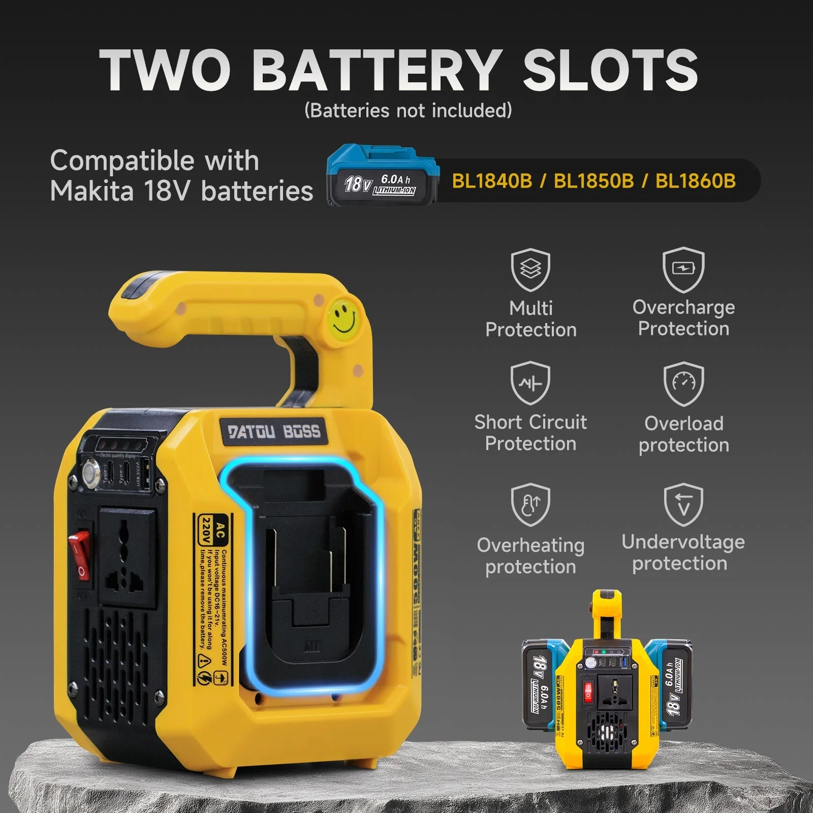 DATOUBOSS 500 W inverter with two slots for Makita 18 V batteries, 2×Type-C 18 W, USB and 220 V socket, spotlight 500 lm — фото 4