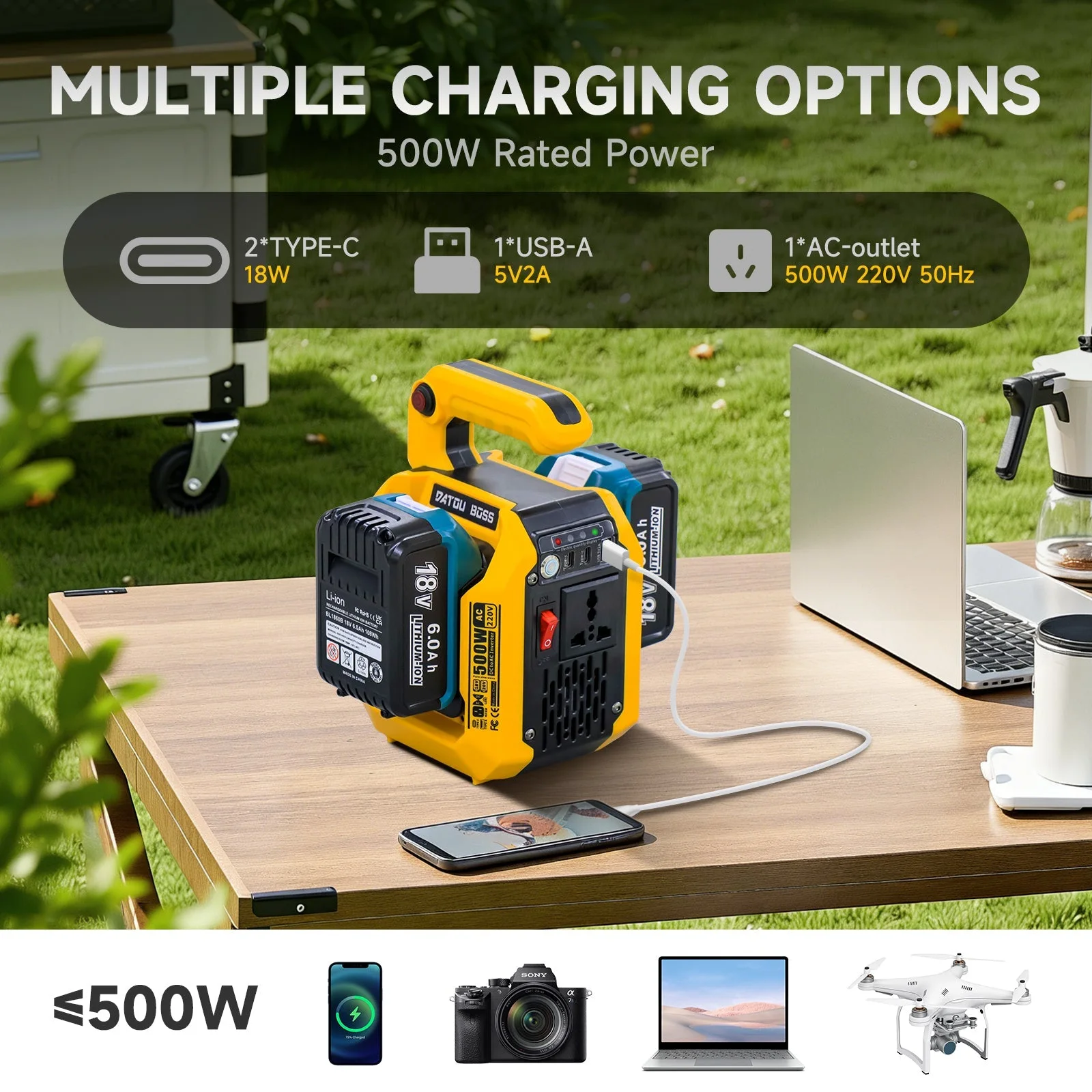 DATOUBOSS 500 W inverter with two slots for Makita 18 V batteries, 2×Type-C 18 W, USB and 220 V socket, spotlight 500 lm — фото 5
