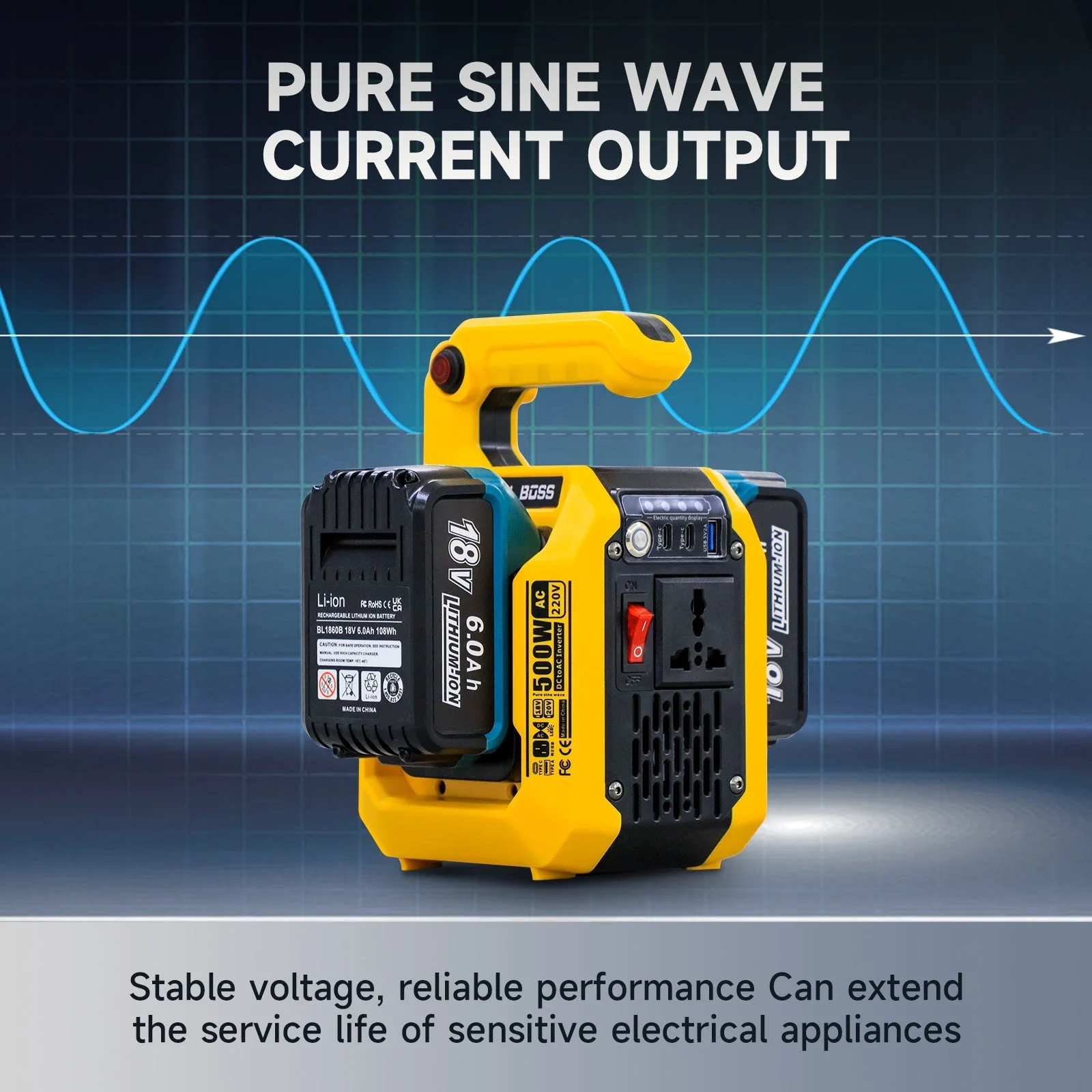 DATOUBOSS 500 W inverter with two slots for Makita 18 V batteries, 2×Type-C 18 W, USB and 220 V socket, spotlight 500 lm — фото 9