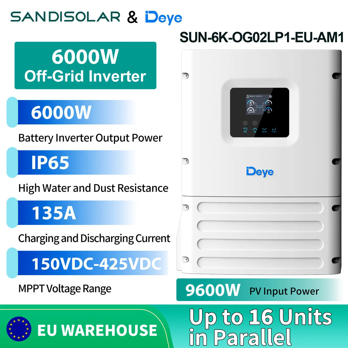 Deye SUN-6K-OG02LP1-EU-AM1 гибридный инвертор, 6 кВт, 1 фаза, 48 В, Wi-Fi, MPPT