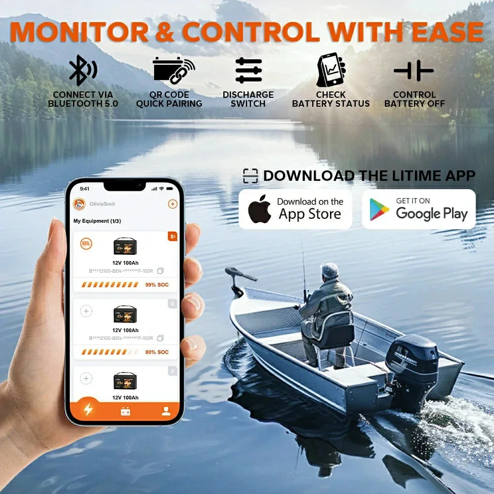 LiTime 12V 100Ah Smart LiFePO4-Schiffsbatterie für elektrischen Außenbordmotor — фото 5