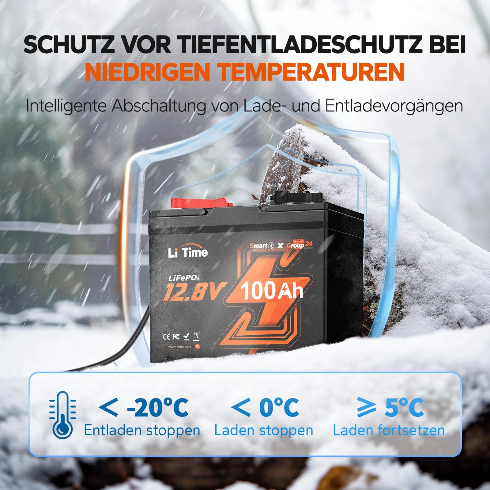 LiTime 12V 100Ah Group24 Motorhome Bluetooth Deep Cycle Lithium Battery for MiniCamper — фото 4