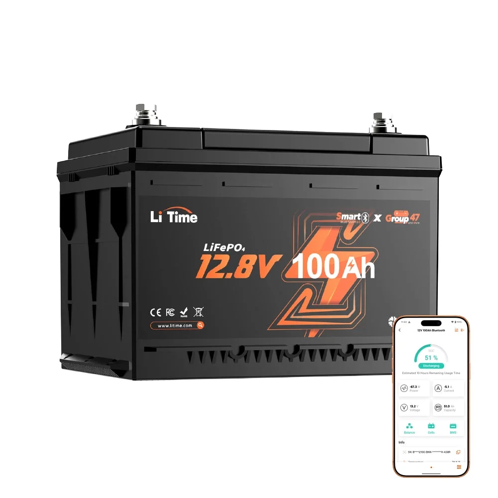LiTime 12V 100Ah LiFePO4 батарея H168 з Bluetooth - ультраплоска для підсидіння будинку на колесах