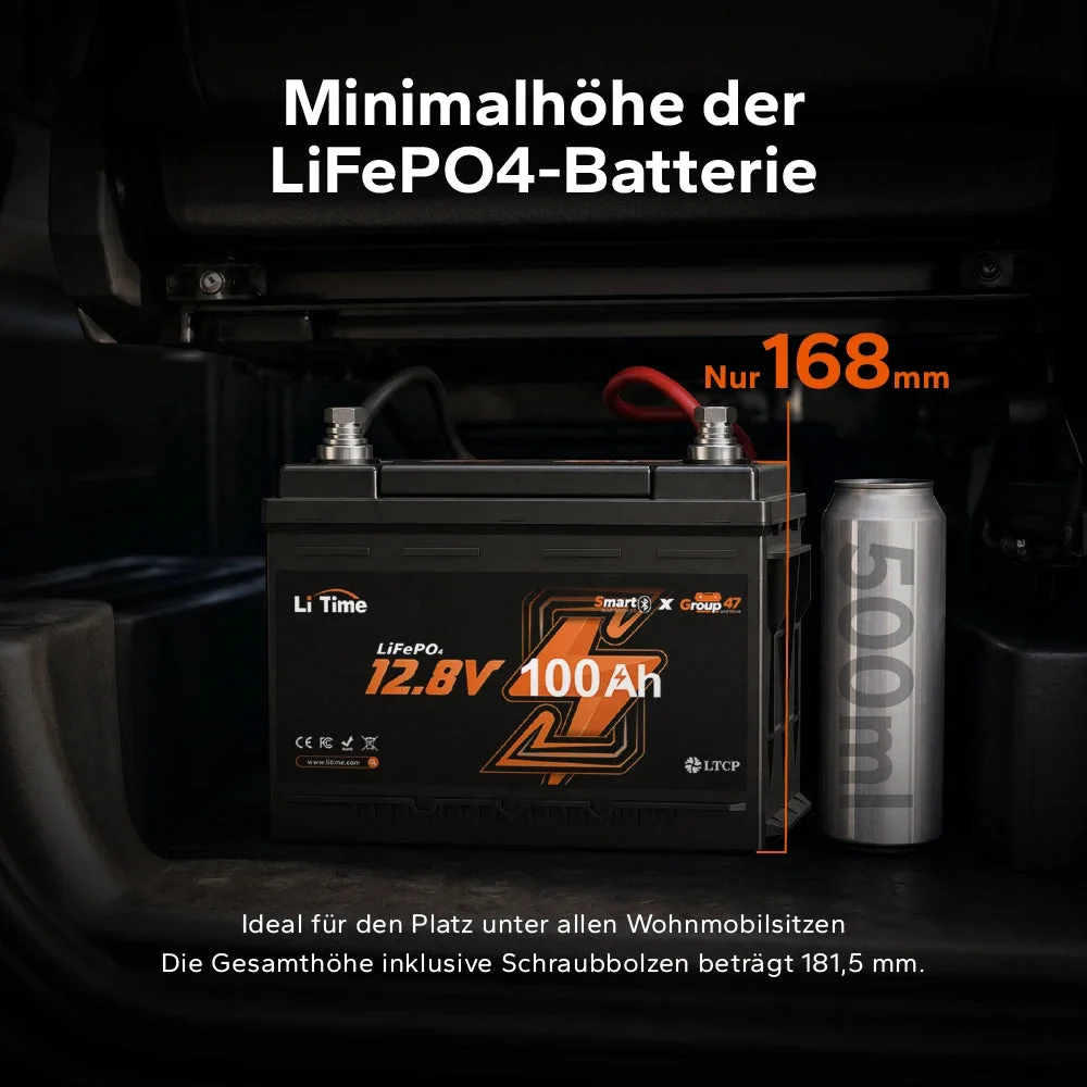 LiTime 12V 100Ah LiFePO4 Akku H168 mit Bluetooth – ultraflach für die Wohnmobilbestuhlung — фото 2