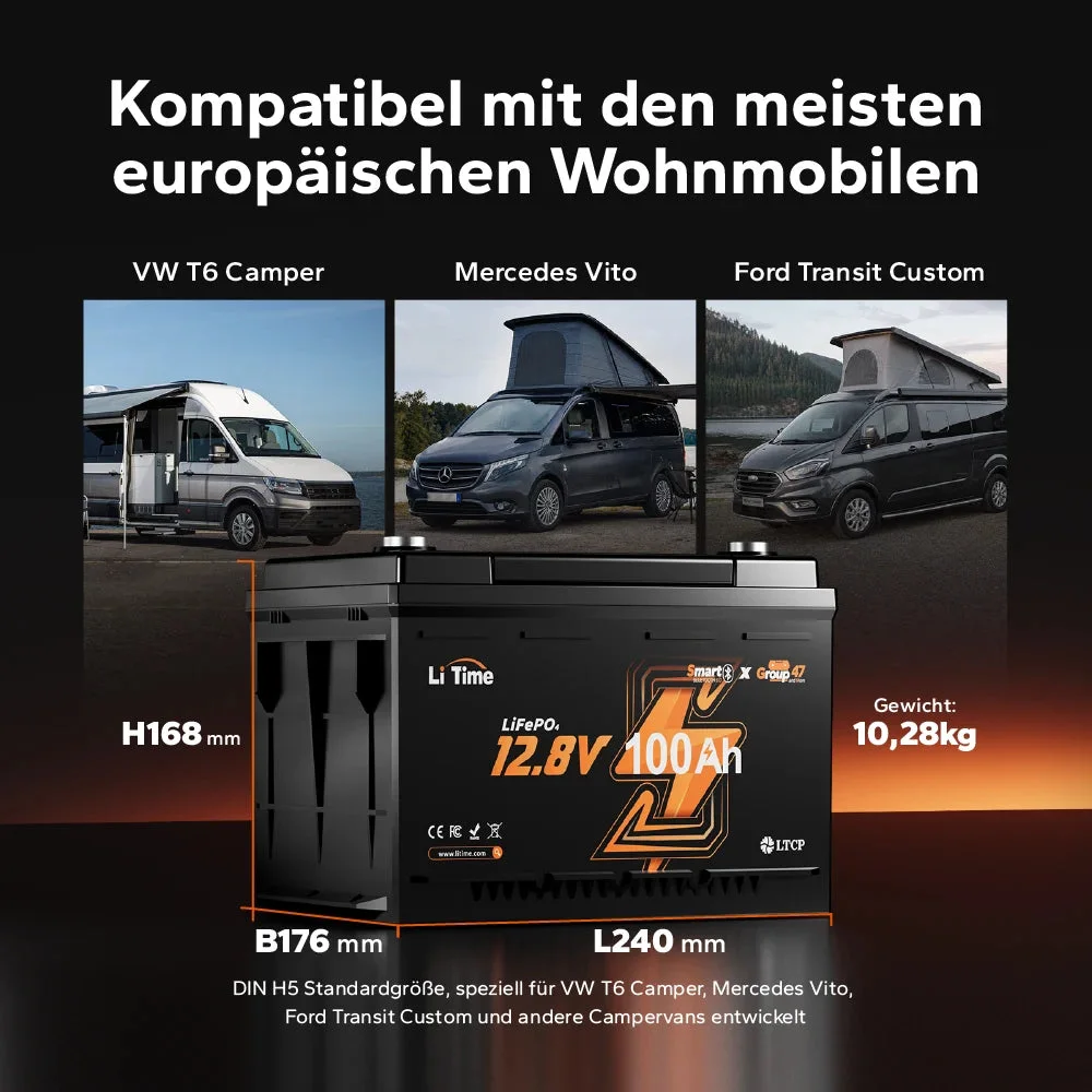 LiTime 12V 100Ah LiFePO4 Akku H168 mit Bluetooth – ultraflach für die Wohnmobilbestuhlung — фото 3
