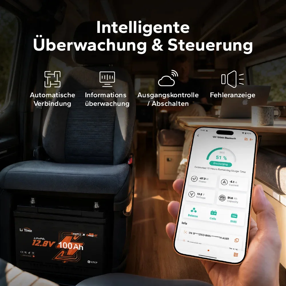 LiTime 12V 100Ah LiFePO4 Akku H168 mit Bluetooth – ultraflach für die Wohnmobilbestuhlung — фото 7