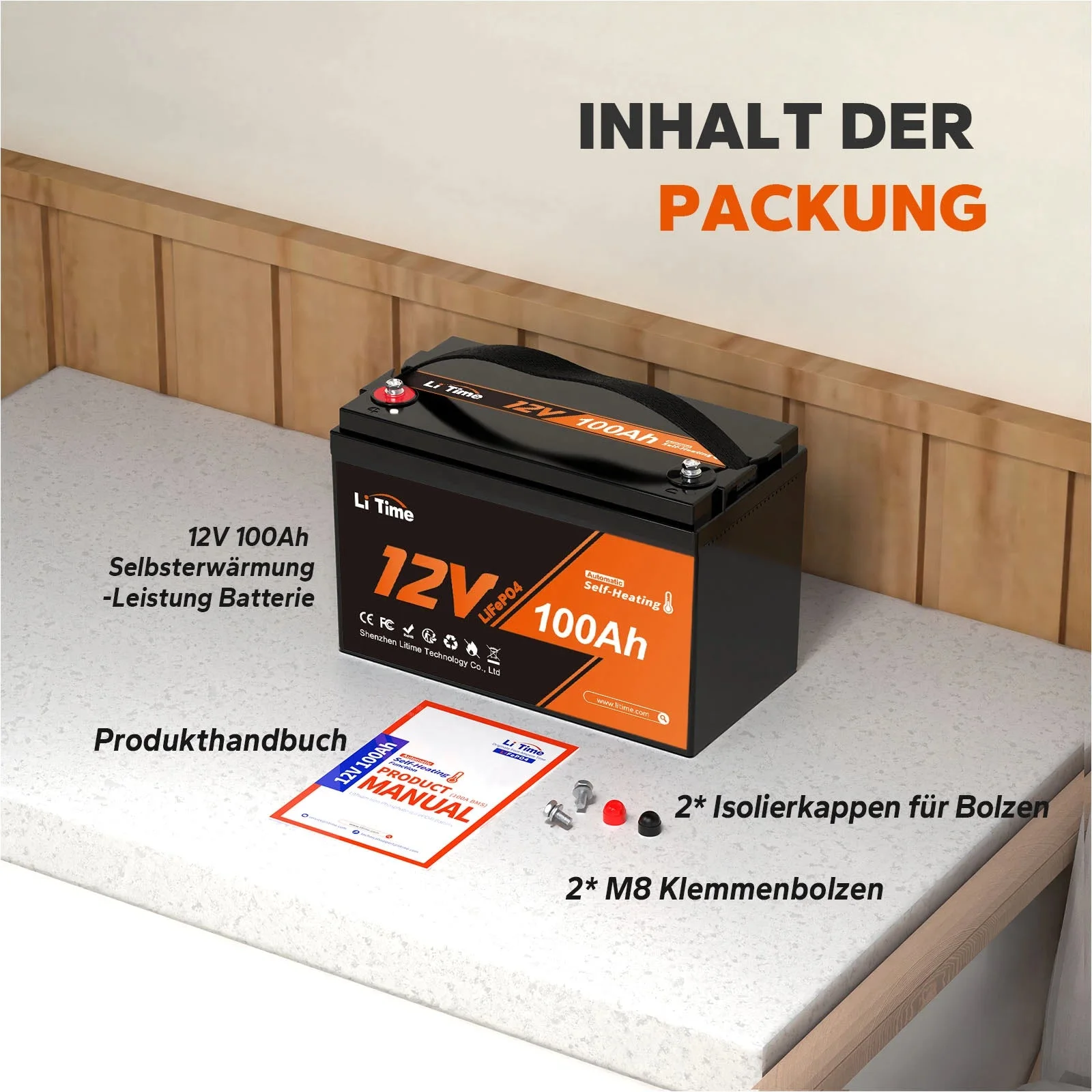 LiTime 12V 100Ah LiFePO4 акумулятор з нагрівачем, низькотемпературний захист глибокого циклу LiFePO4 акумулятор — фото 7