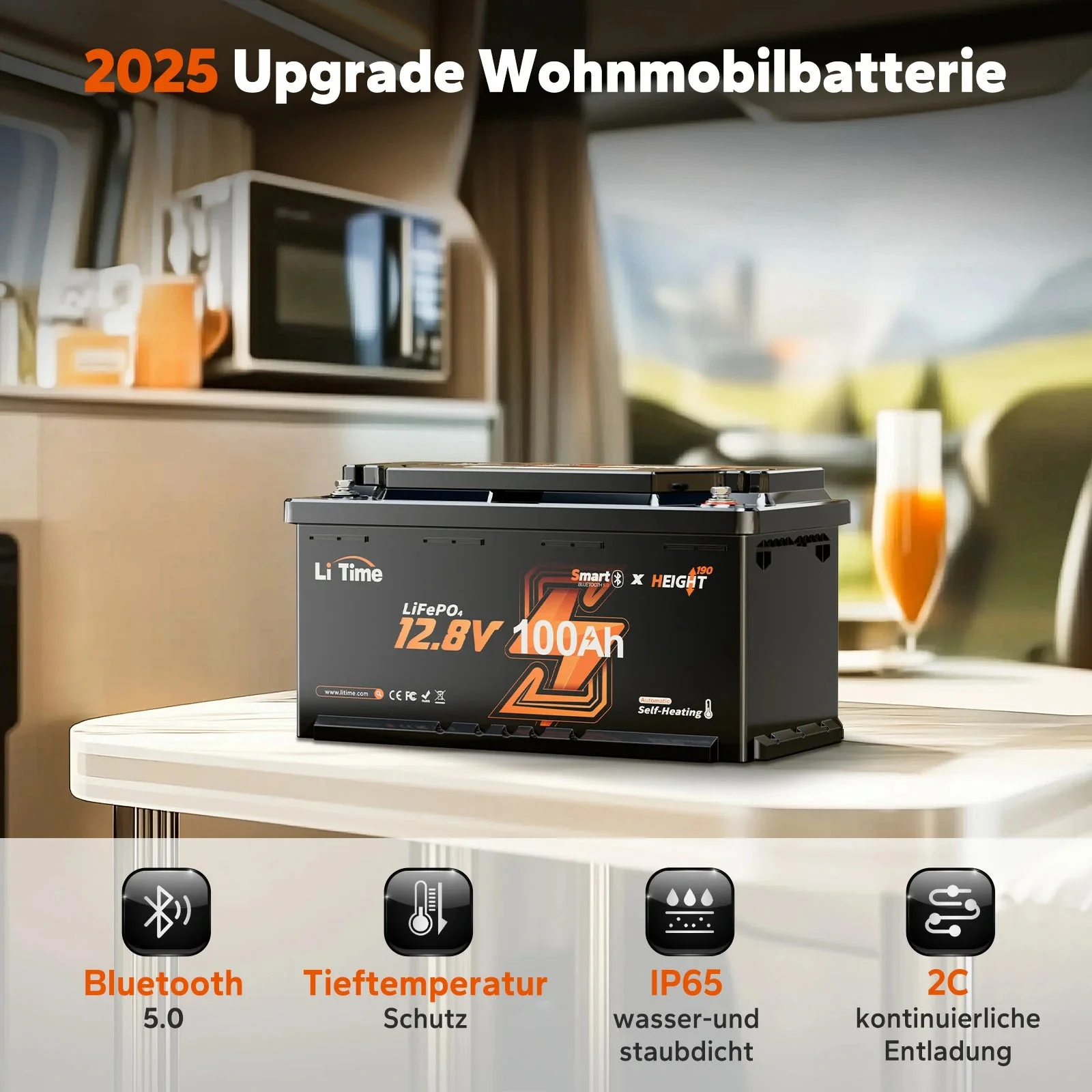 LiTime LiFePO4 12V 100Ah H190 акумулятор - 200A безперервний струм для вантажників автобудинків з Bluetooth, обігрів & Подсидіння DIN H8 — фото 2