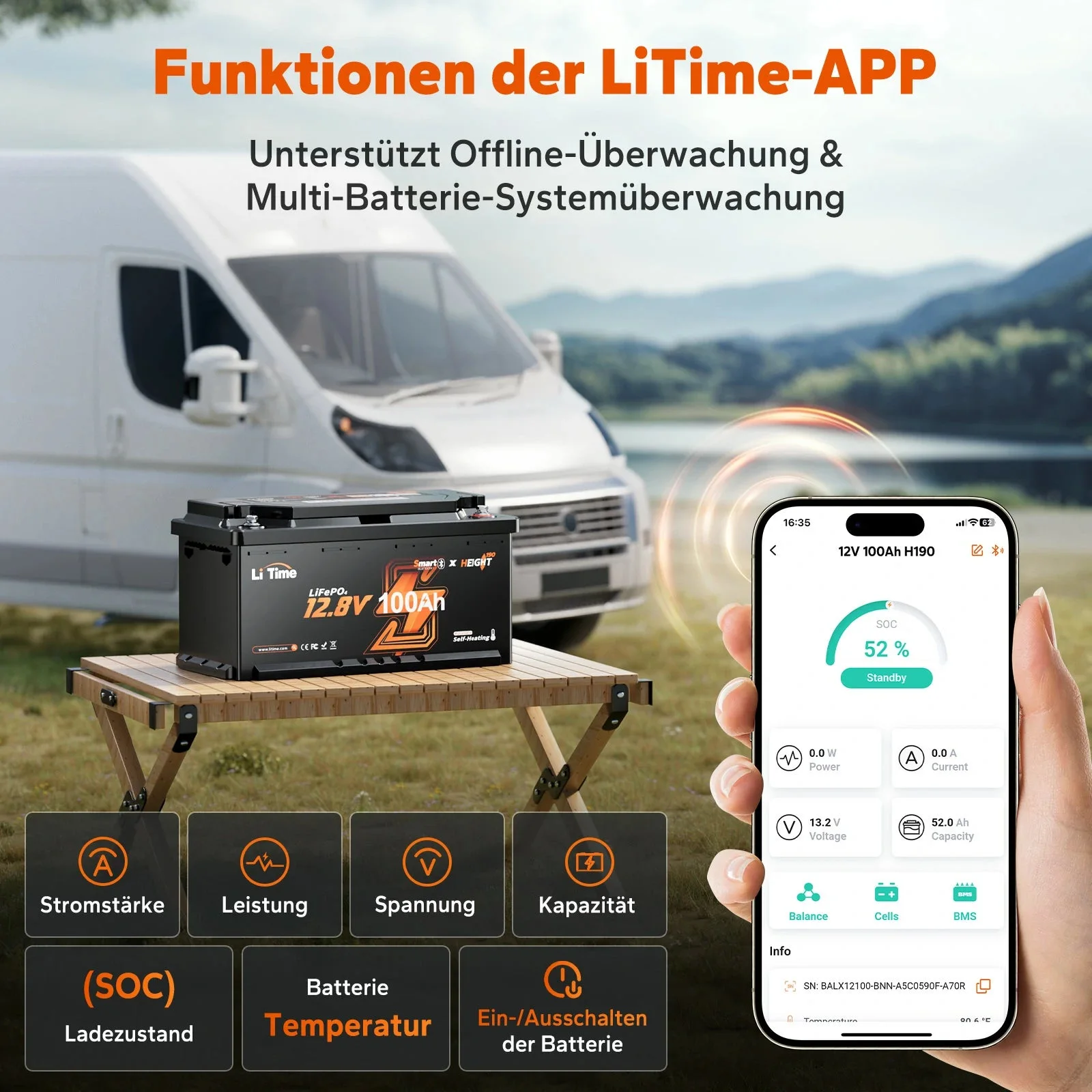LiTime LiFePO4 12V 100Ah H190 акумулятор - 200A безперервний струм для вантажників автобудинків з Bluetooth, обігрів & Подсидіння DIN H8 — фото 4