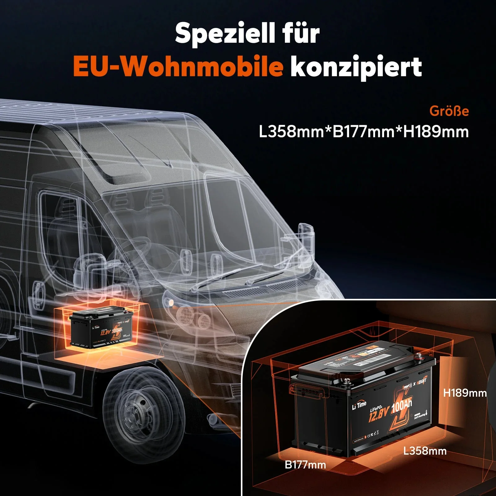 LiTime LiFePO4 12V 100Ah H190 акумулятор - 200A безперервний струм для вантажників автобудинків з Bluetooth, обігрів & Подсидіння DIN H8 — фото 5