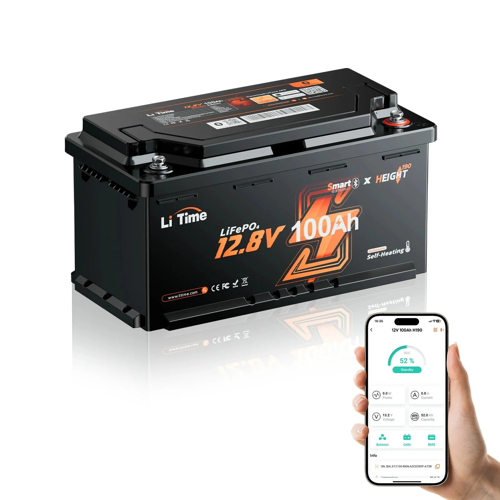 LiTime LiFePO4 12V 100Ah H190 акумулятор - 200A безперервний струм для вантажників автобудинків з Bluetooth, обігрів & Подсидіння DIN H8 — фото 11