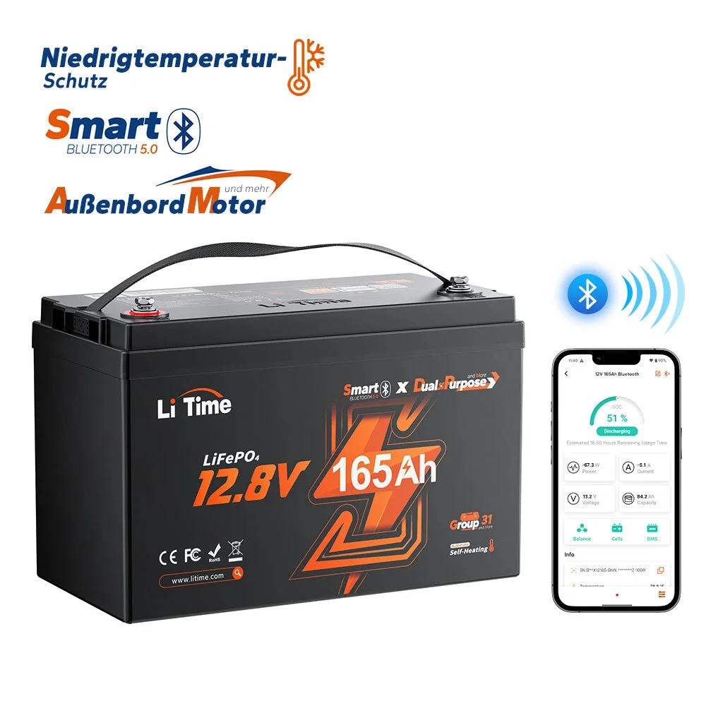 LiTime 12V 165Ah LiFePO4-Doppelzweckbatterie mit 1200 CCA und Selbsterwärmung für Wohnmobile und Boote