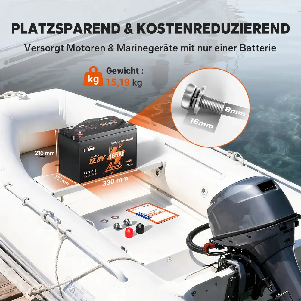 LiTime 12V 165Ah LiFePO4-Doppelzweckbatterie mit 1200 CCA und Selbsterwärmung für Wohnmobile und Boote — фото 2