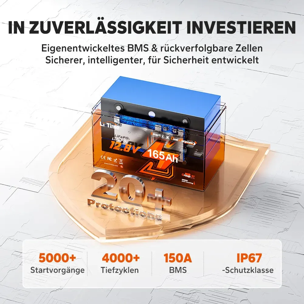 LiTime 12V 165Ah LiFePO4-Doppelzweckbatterie mit 1200 CCA und Selbsterwärmung für Wohnmobile und Boote — фото 9