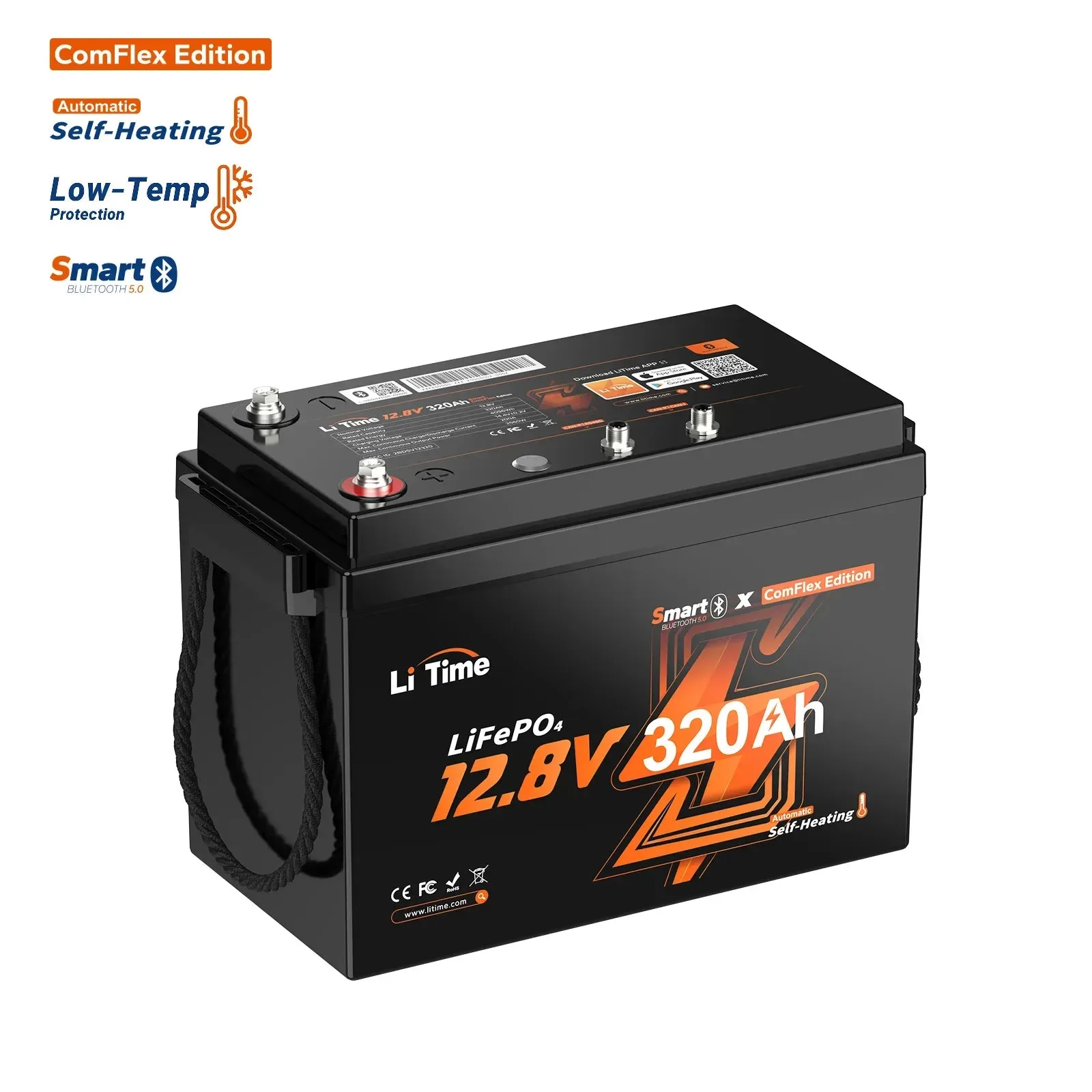 LiTime 12V 320Ah Bluetooth LiFePO4 аккумулятор с самонагреванием с CAN и RS485 ComFlex - для Victron, RV-C и NMEA 2000