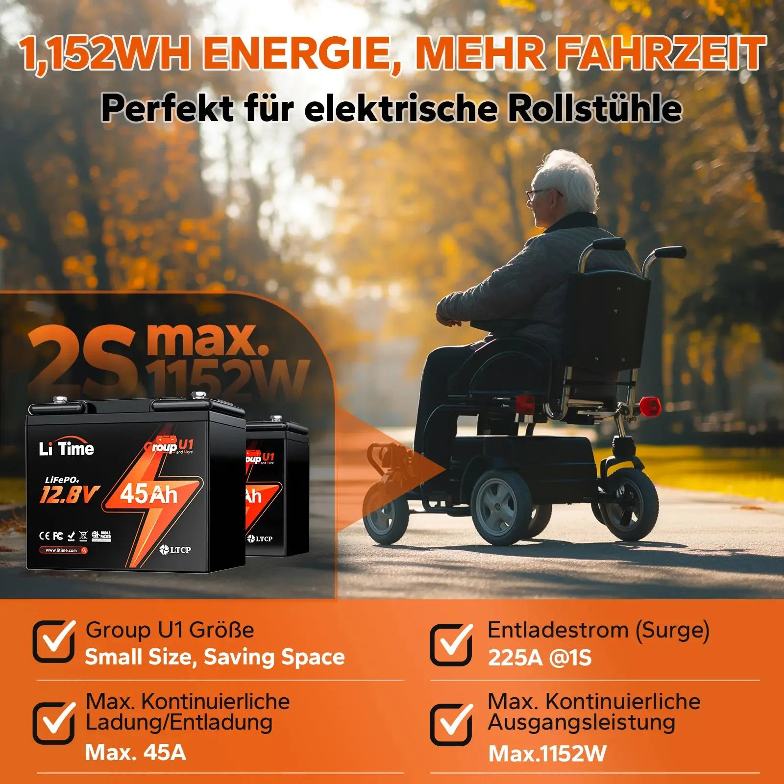 LiTime 12V 45Ah Group U1 Deep Cycle літієва батарея Інвалідний візок і мобільний електричний автомобіль для літніх людей — фото 2