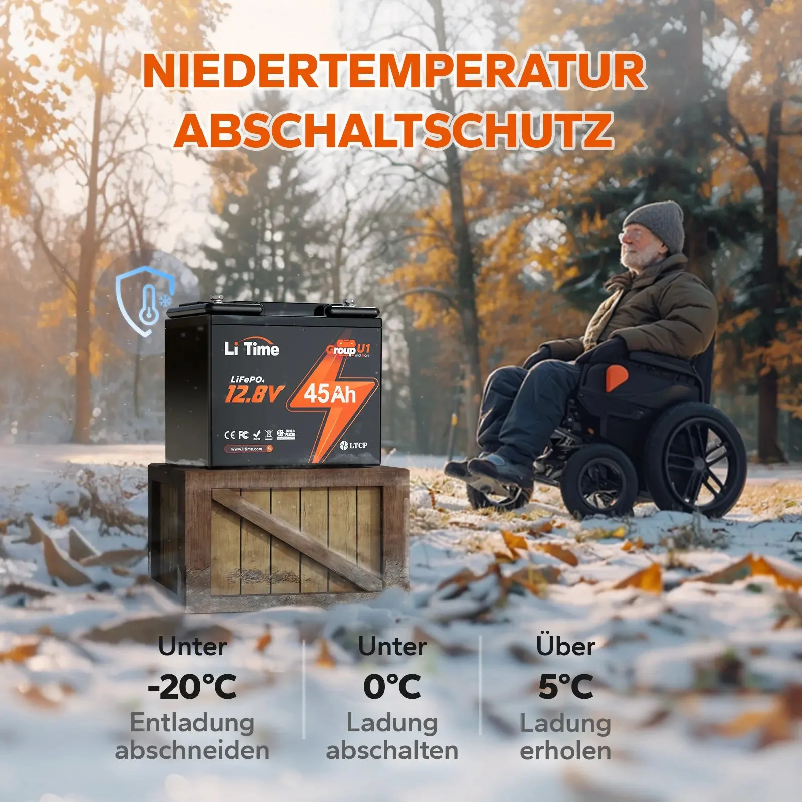 LiTime 12V 45Ah Group U1 Deep Cycle літієва батарея Інвалідний візок і мобільний електричний автомобіль для літніх людей — фото 3