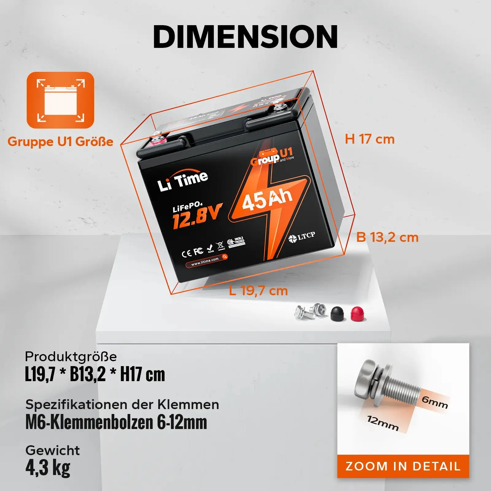 LiTime 12V 45Ah Group U1 Deep Cycle літієва батарея Інвалідний візок і мобільний електричний автомобіль для літніх людей — фото 7