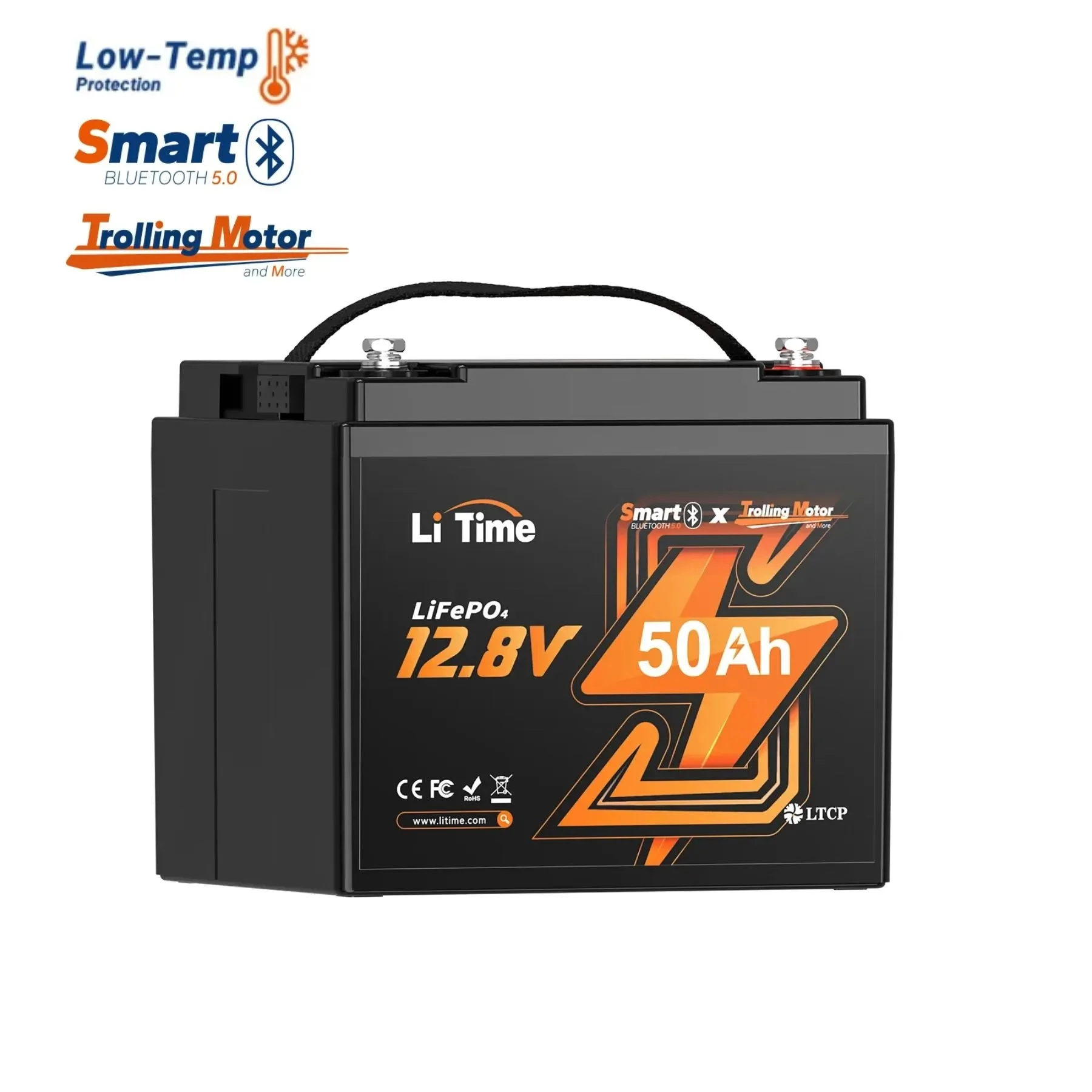 LiTime LiFePO4 12V 50Ah Bluetooth Kälteschutz Deep Cycle Lithiumbatterie für Elektrobootmotor