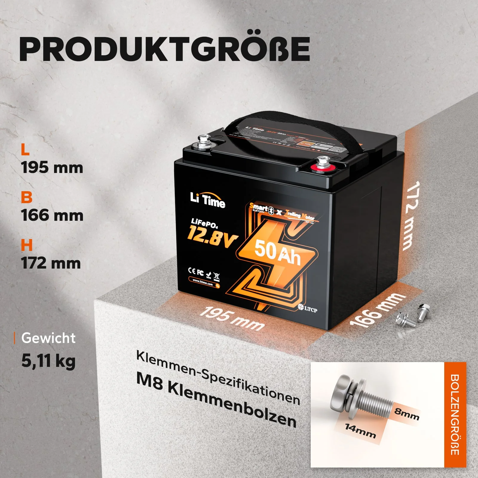 LiTime LiFePO4 12V 50Ah Bluetooth Kälteschutz Deep Cycle Lithiumbatterie für Elektrobootmotor — фото 2