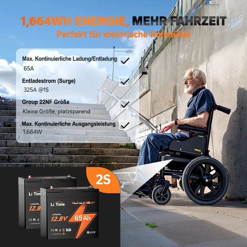 LiTime 12V 65Ah Group 22NF Deep Cycle Lithium-Batterie für mobile Elektrofahrzeuge für Schwerlastbehinderte und ältere Menschen — фото 7