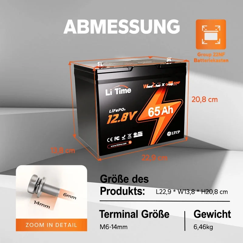 LiTime 12V 65Ah Group 22NF Deep Cycle Lithium-Batterie für mobile Elektrofahrzeuge für Schwerlastbehinderte und ältere Menschen — фото 8