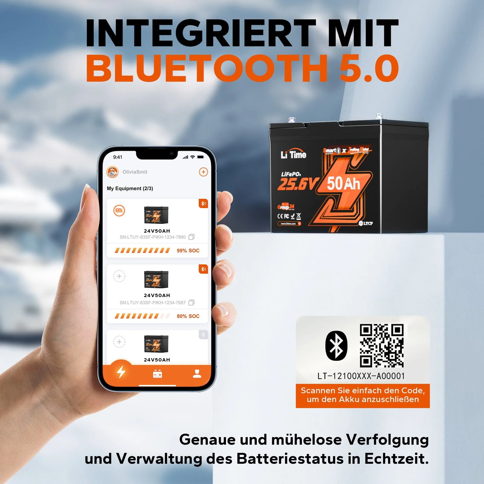 Літієва батарея LiTime 24V 50Ah Bluetooth глибокого циклу для електромоторів 100lb — фото 2