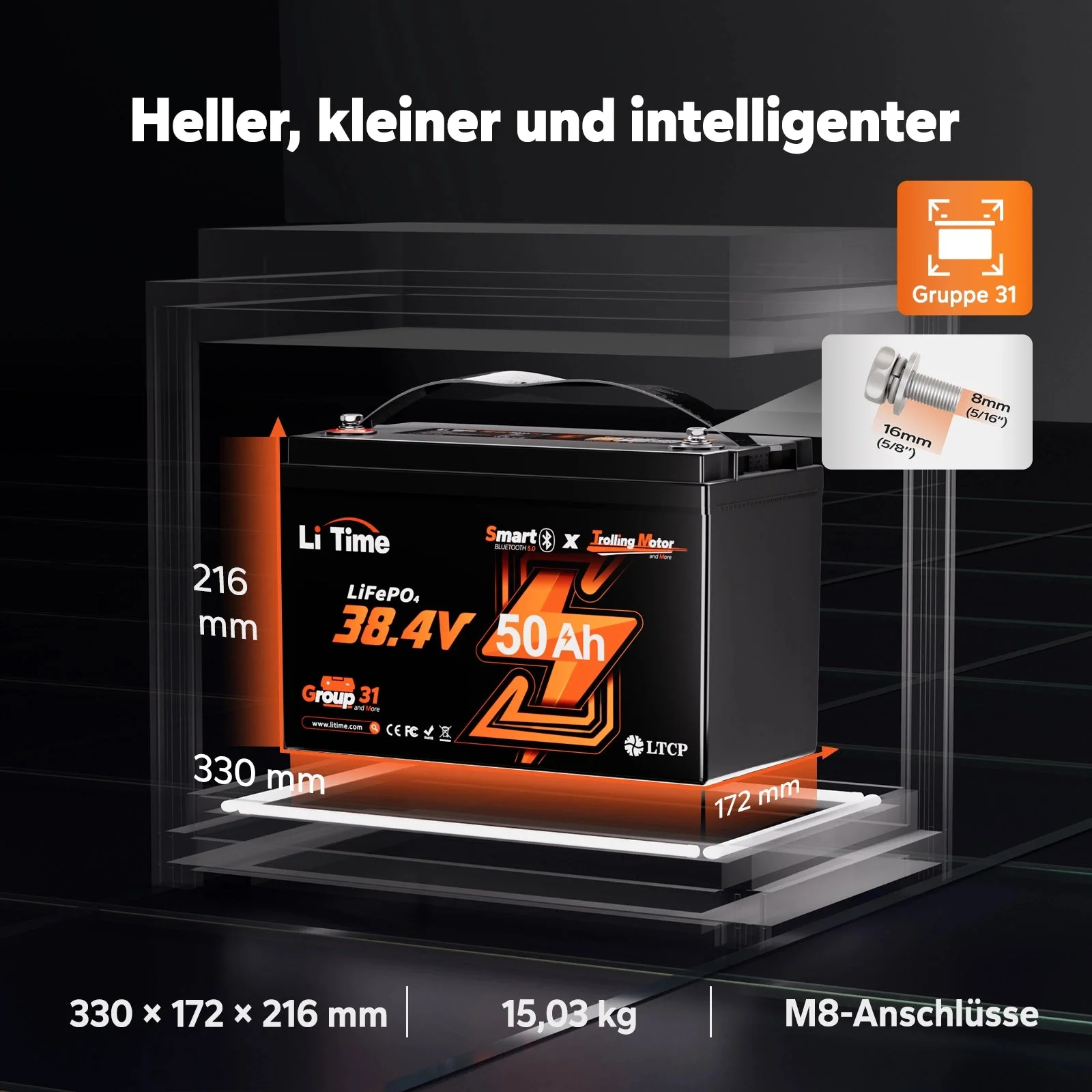 LiTime 36 V 50 Ah Bluetooth Deep Cycle Lithium-Batterie – Gruppe 31 für 120 Pfund Trolling-Motor und Marine — фото 2